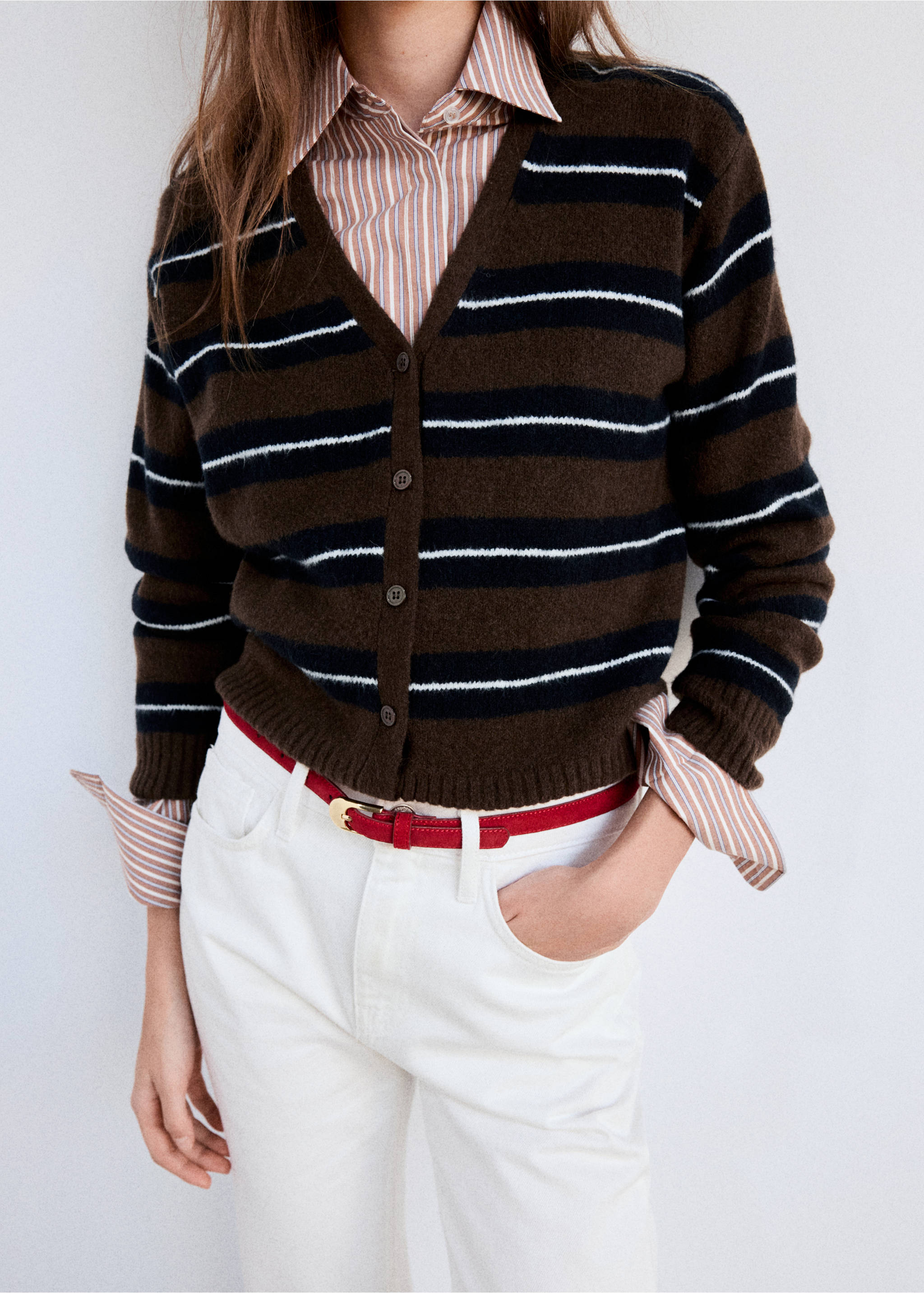 Stripped knit cardigan - Details of the article 3, Brown. Ref: 37047774-00.