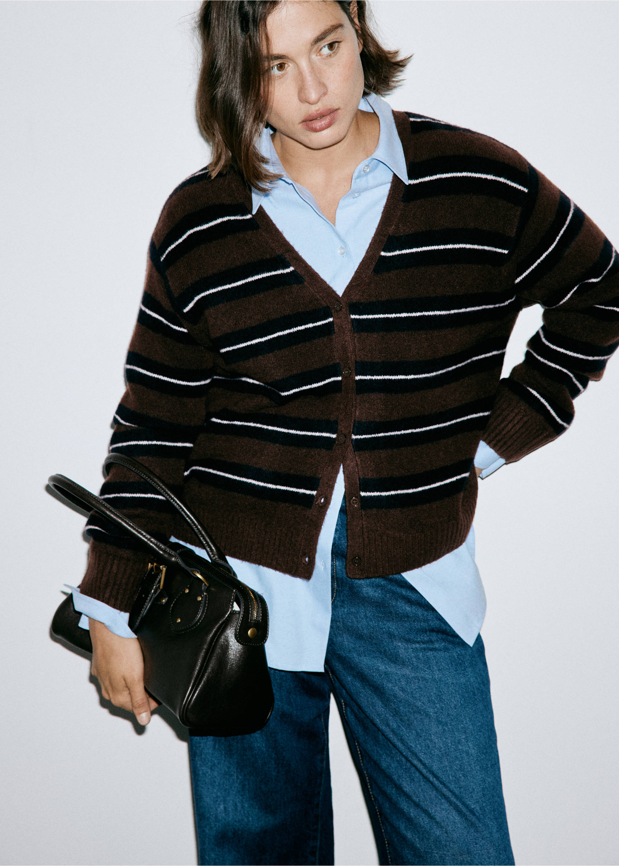 Stripped knit cardigan - Details of the article 6, Brown. Ref: 37047774-00.