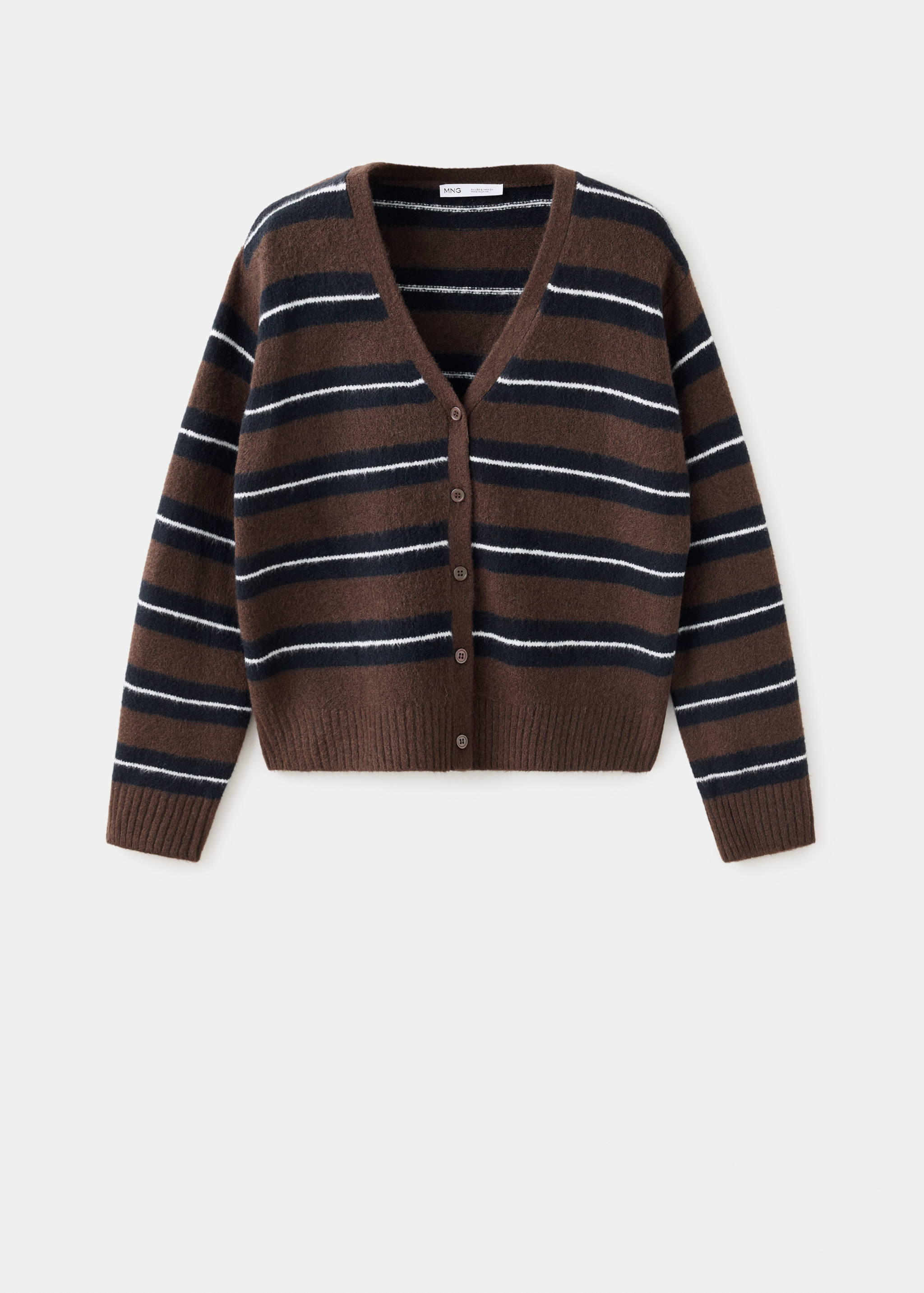Brown striped V-neck cardigan with long sleeves and front button fastening.