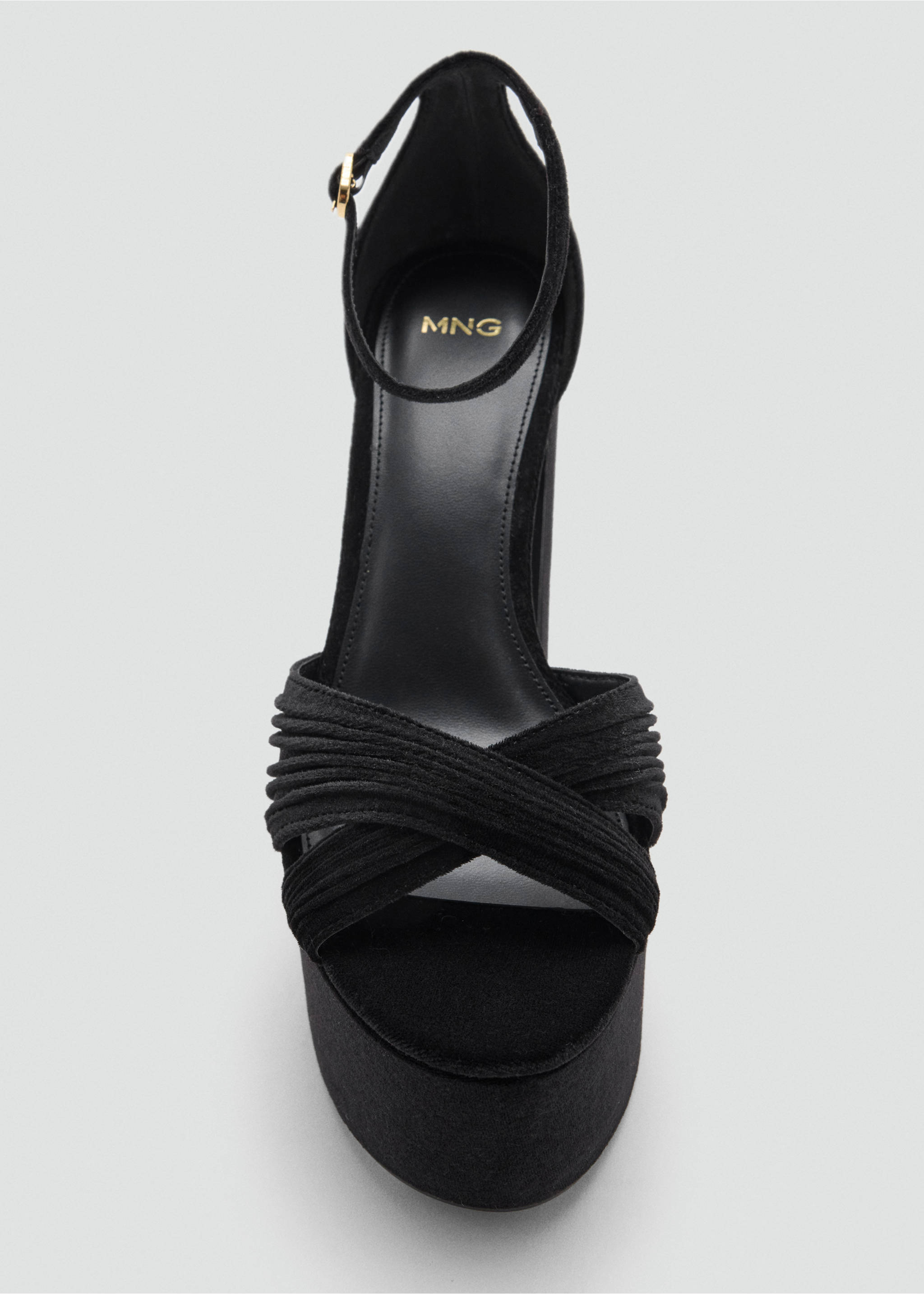 Black platform sandal with ruched crossover straps and ankle buckle., Black. Ref: 37047777-00.