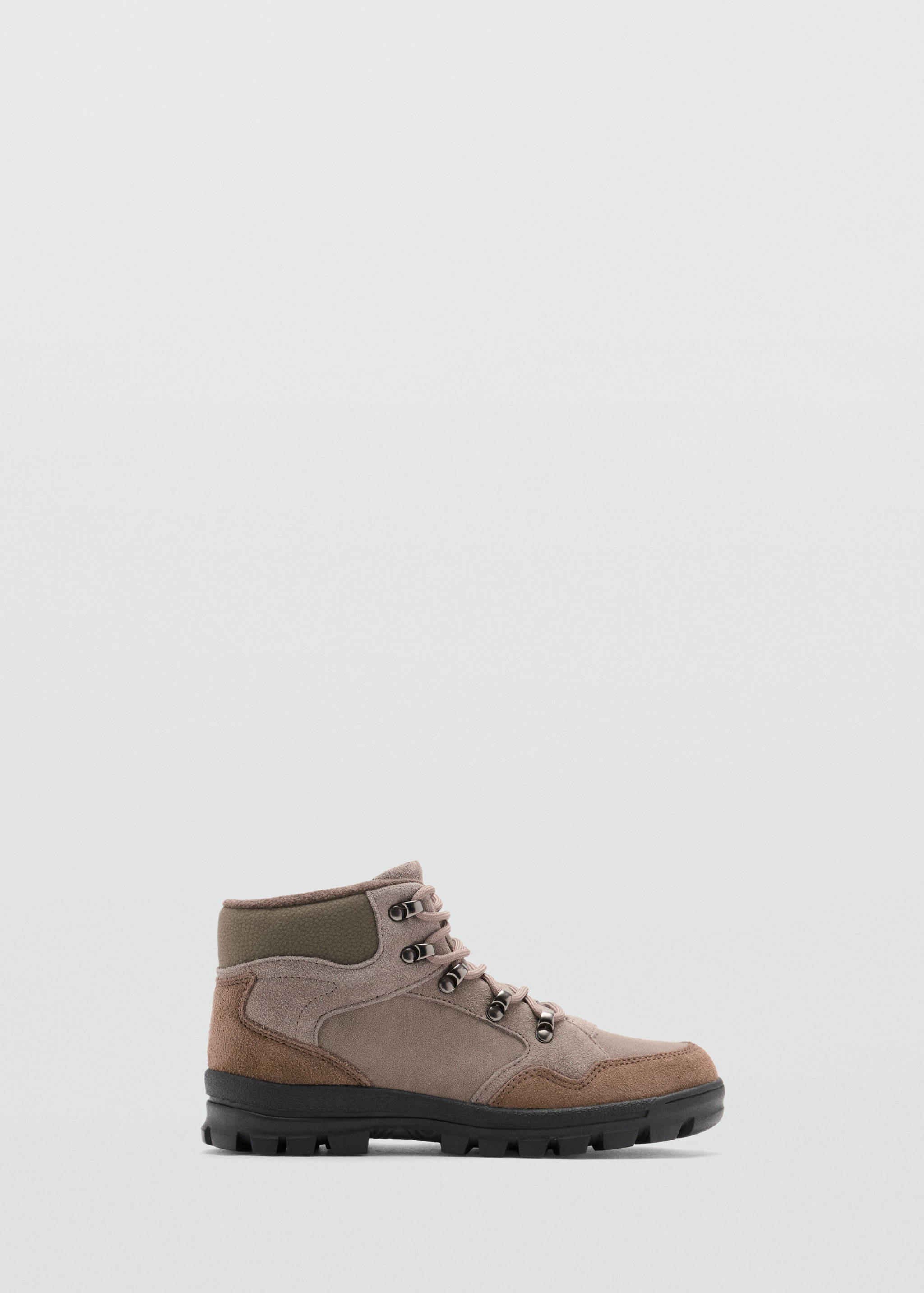Brown suede kids' hiking boot with an olive-green ankle collar and a thick black lugged sole.