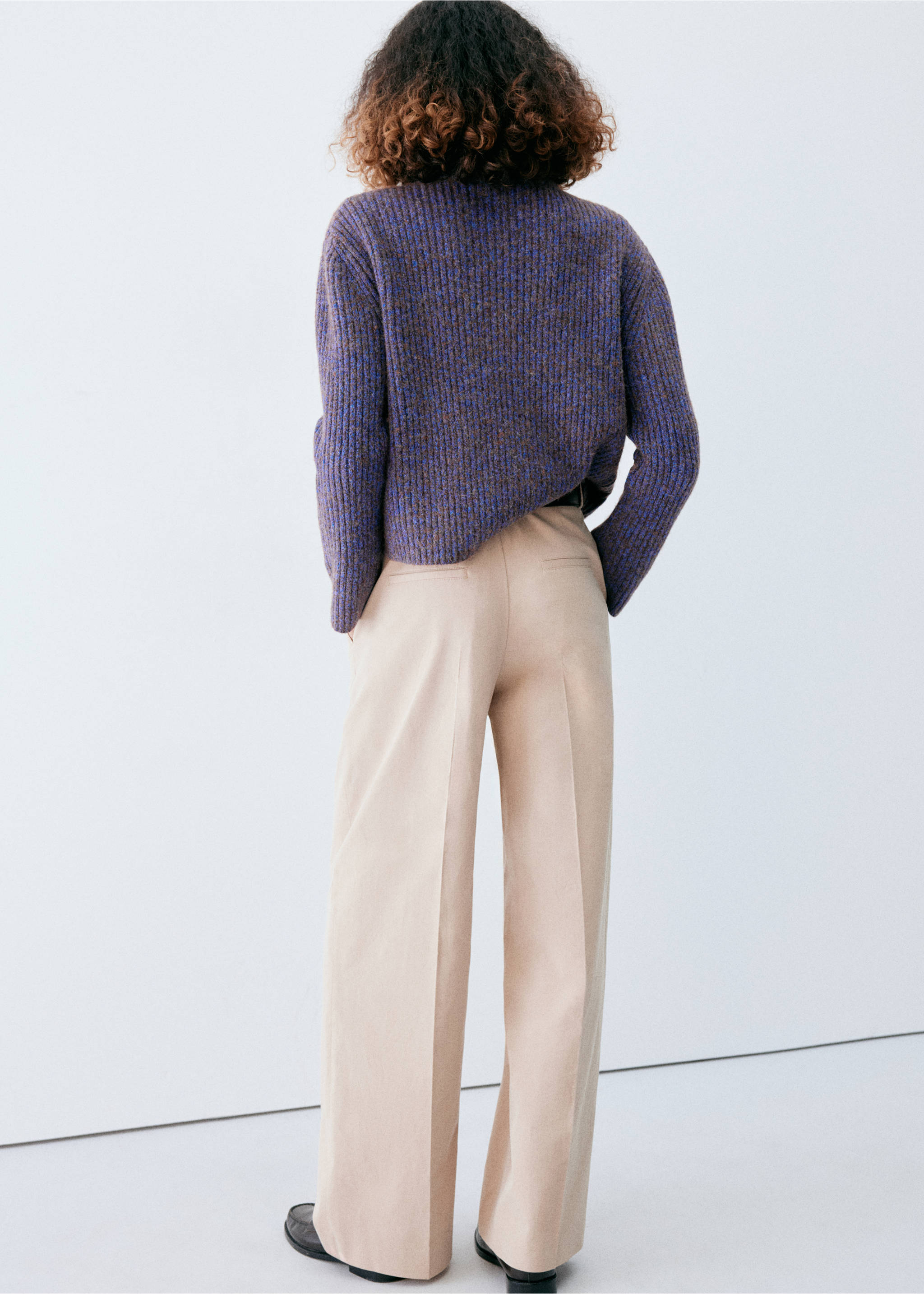 Back view of a purple and brown ribbed knit cardigan, worn with beige trousers., Purple. Ref: 37047787-00.