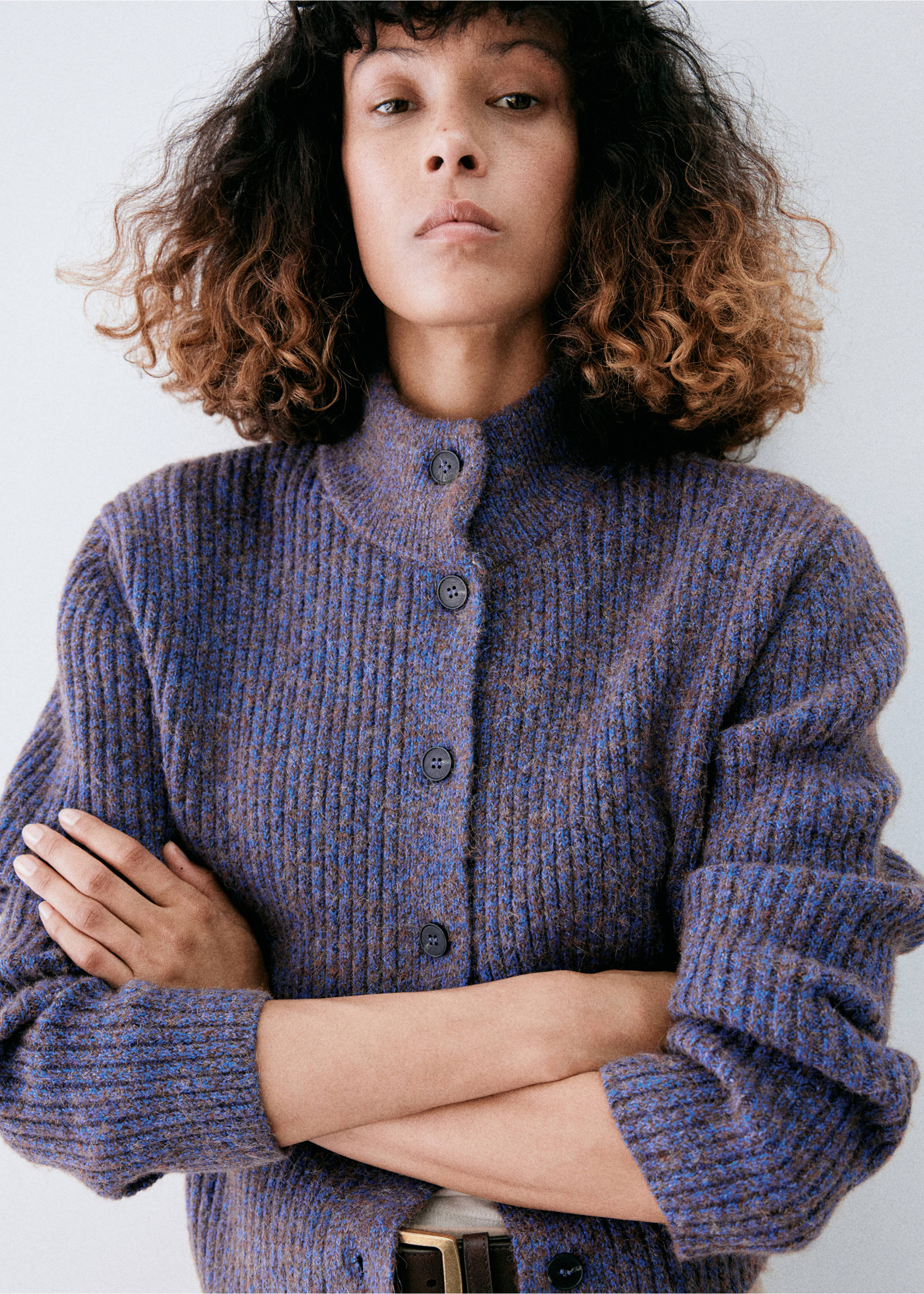Blue and brown melange ribbed knit cardigan with stand collar and front buttons., Purple. Ref: 37047787-00.