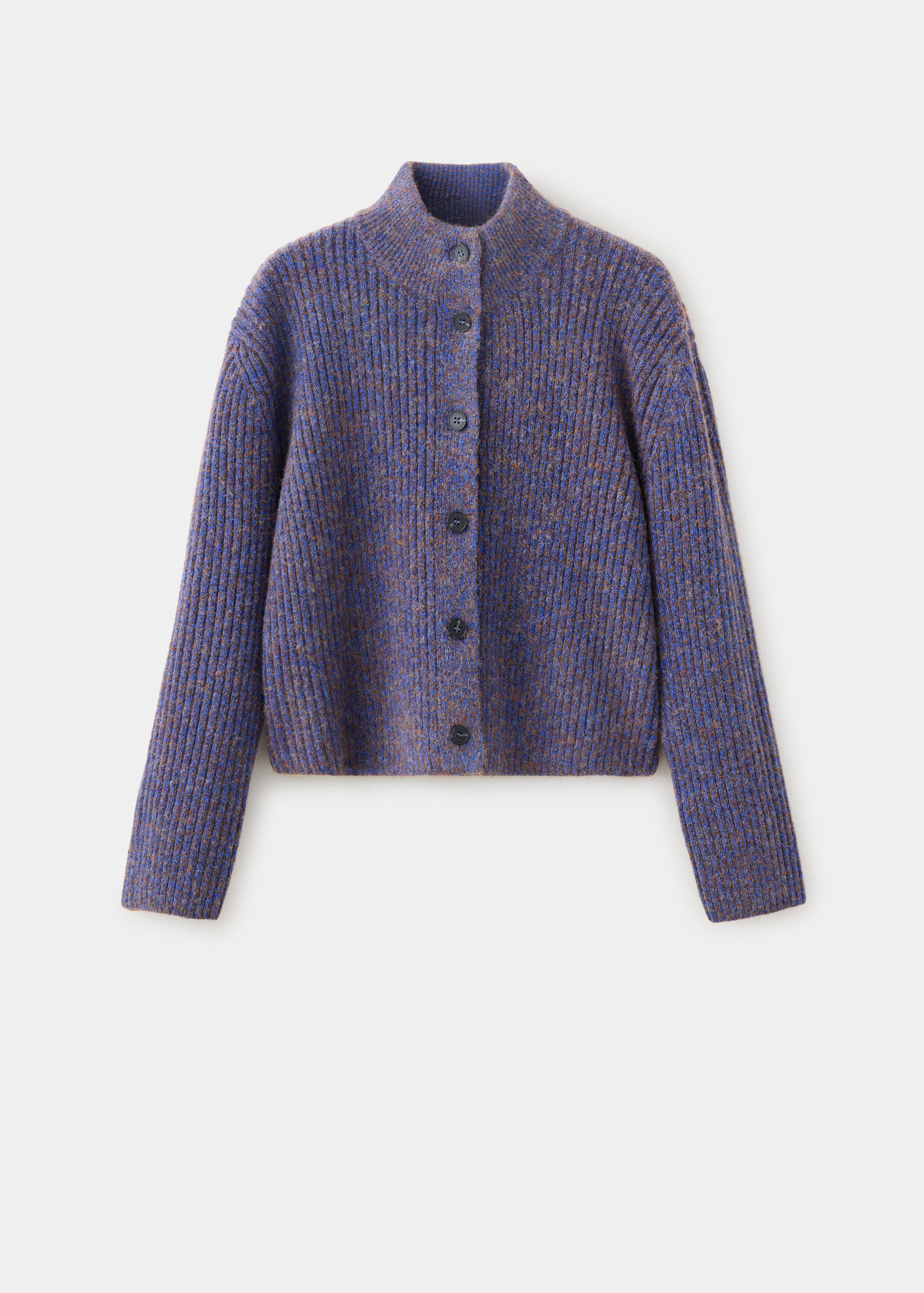 Purple melange knitted cardigan with a mock neck and button fastening.