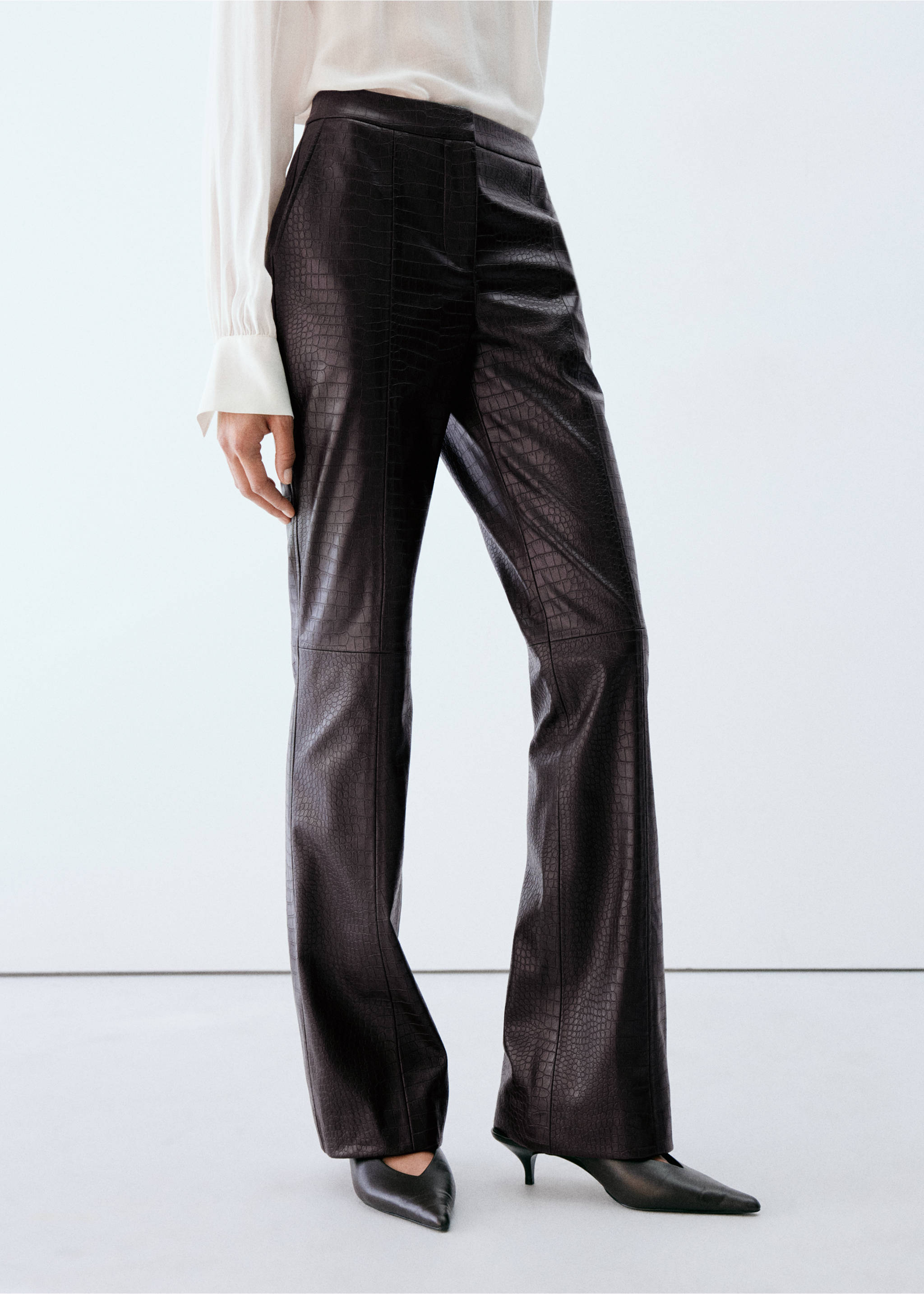 Dark brown crocodile-embossed high-rise trousers with a straight-leg fit., Chocolate. Ref: 37047789-00.