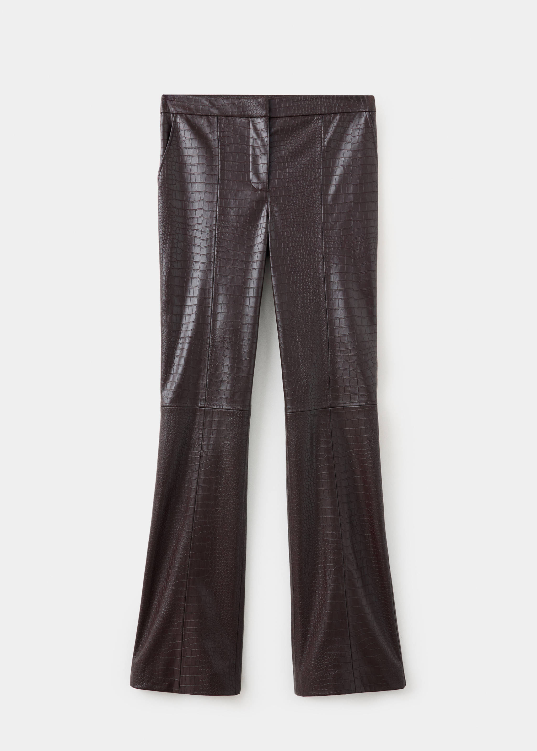 Dark brown crocodile-effect trousers with a tailored fit and vertical seams.