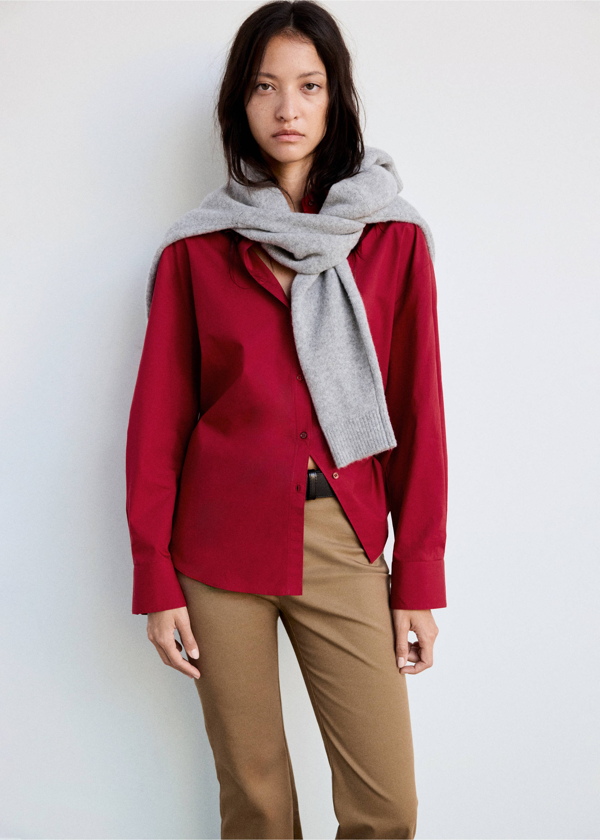 Cotton and lyocell blend straight shirt - Medium plane, Red. Ref: 37047793-00.