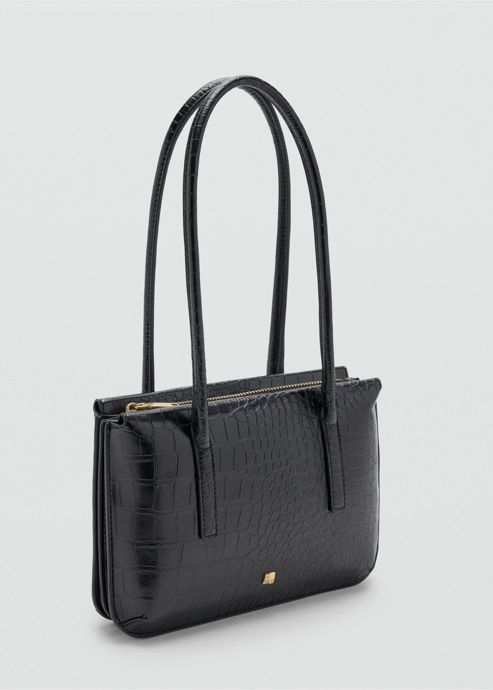 Black crocodile-textured shoulder bag with tall thin straps and top zip., Black. Ref: 37047795-00.