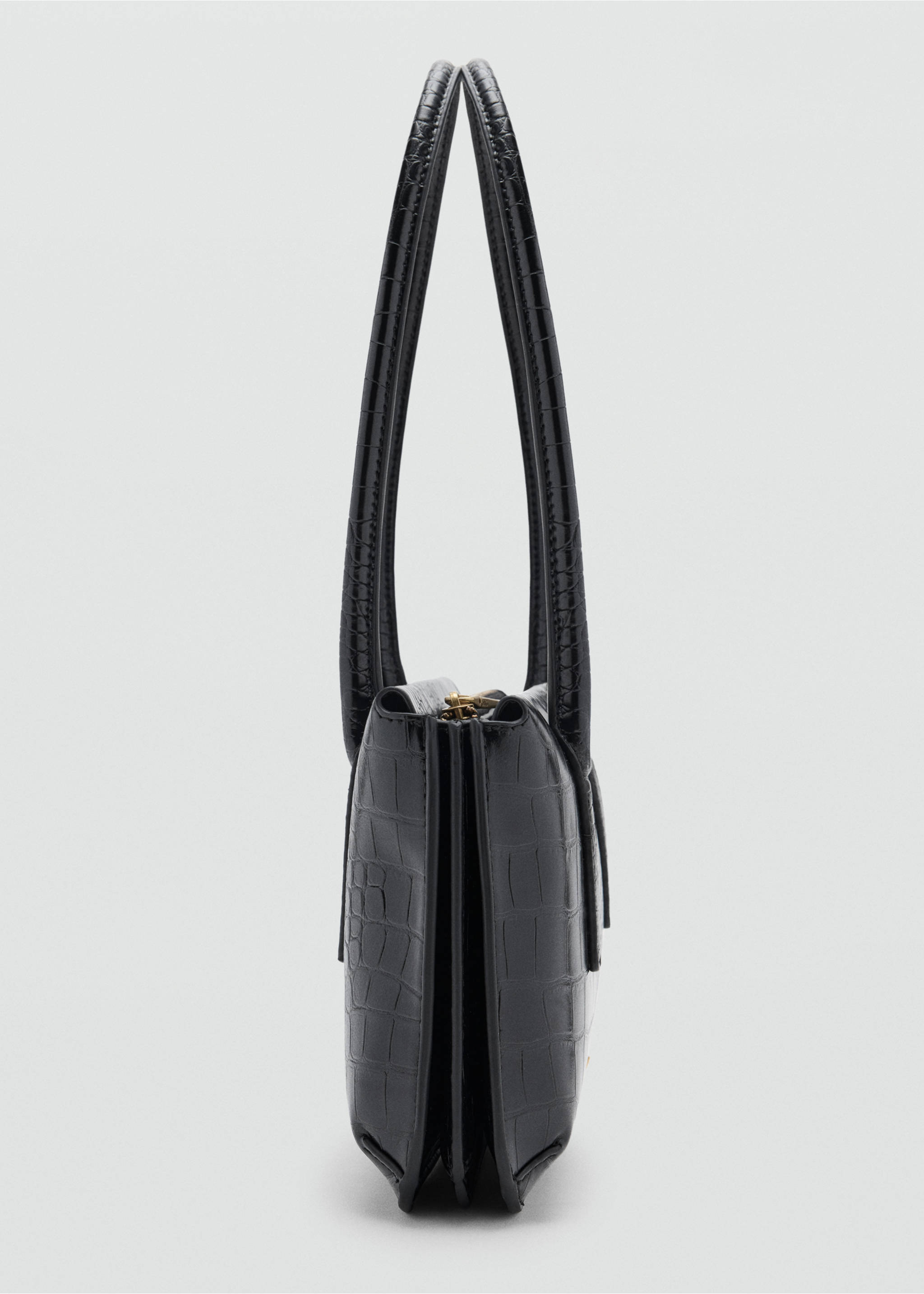 Black crocodile-effect shoulder bag, side view showing multi-compartment gusset, Black. Ref: 37047795-00.