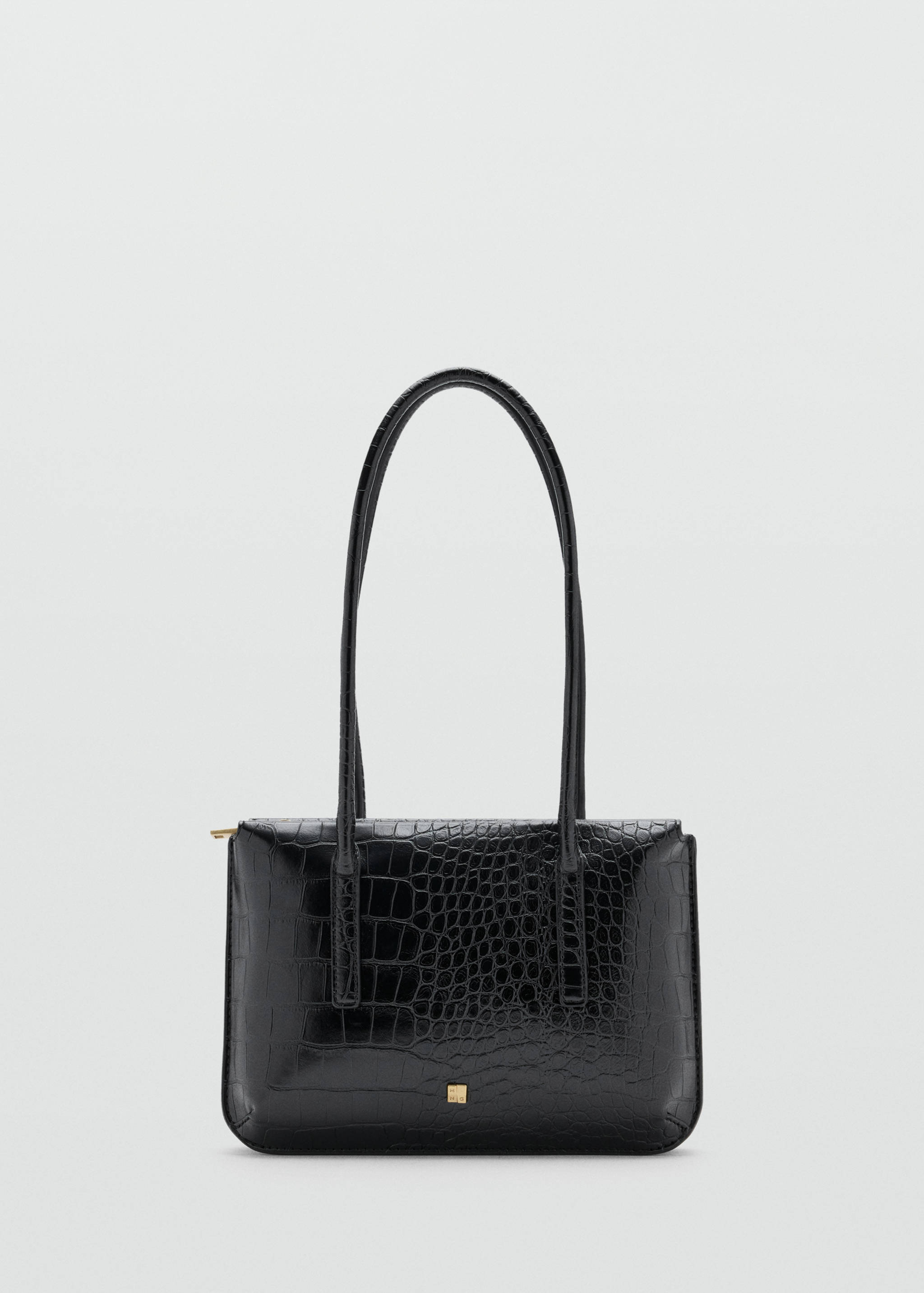 Black faux-crocodile shoulder bag with thin straps and gold hardware.
