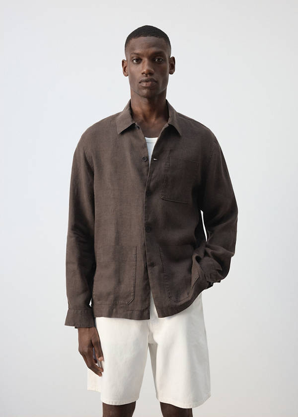Regular-fit 100% linen shirt with pockets — Brown