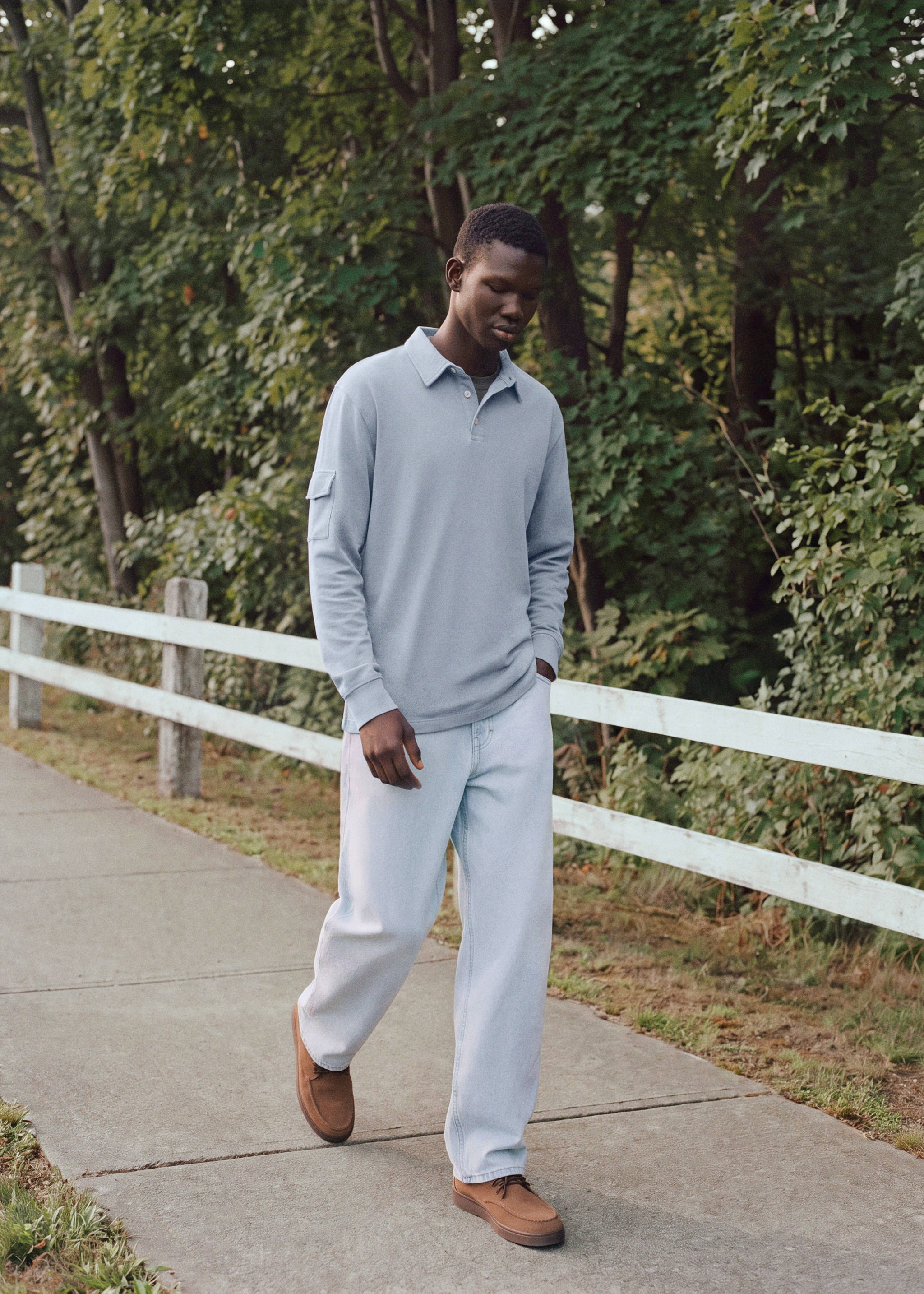 Long-sleeved cotton polo shirt with pocket - General plane, Sky Blue. Ref: 37047799-00.