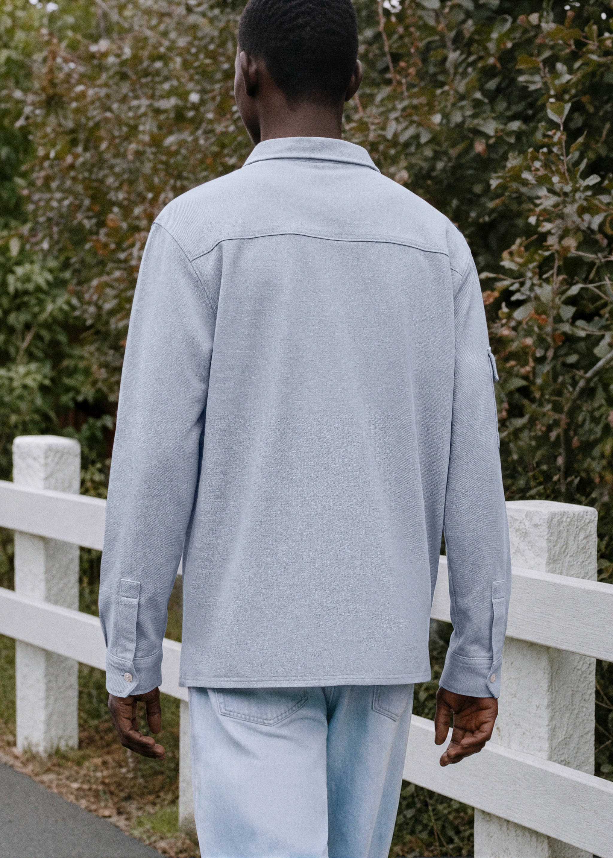 Long-sleeved cotton polo shirt with pocket - Reverse of the article, Sky Blue. Ref: 37047799-00.