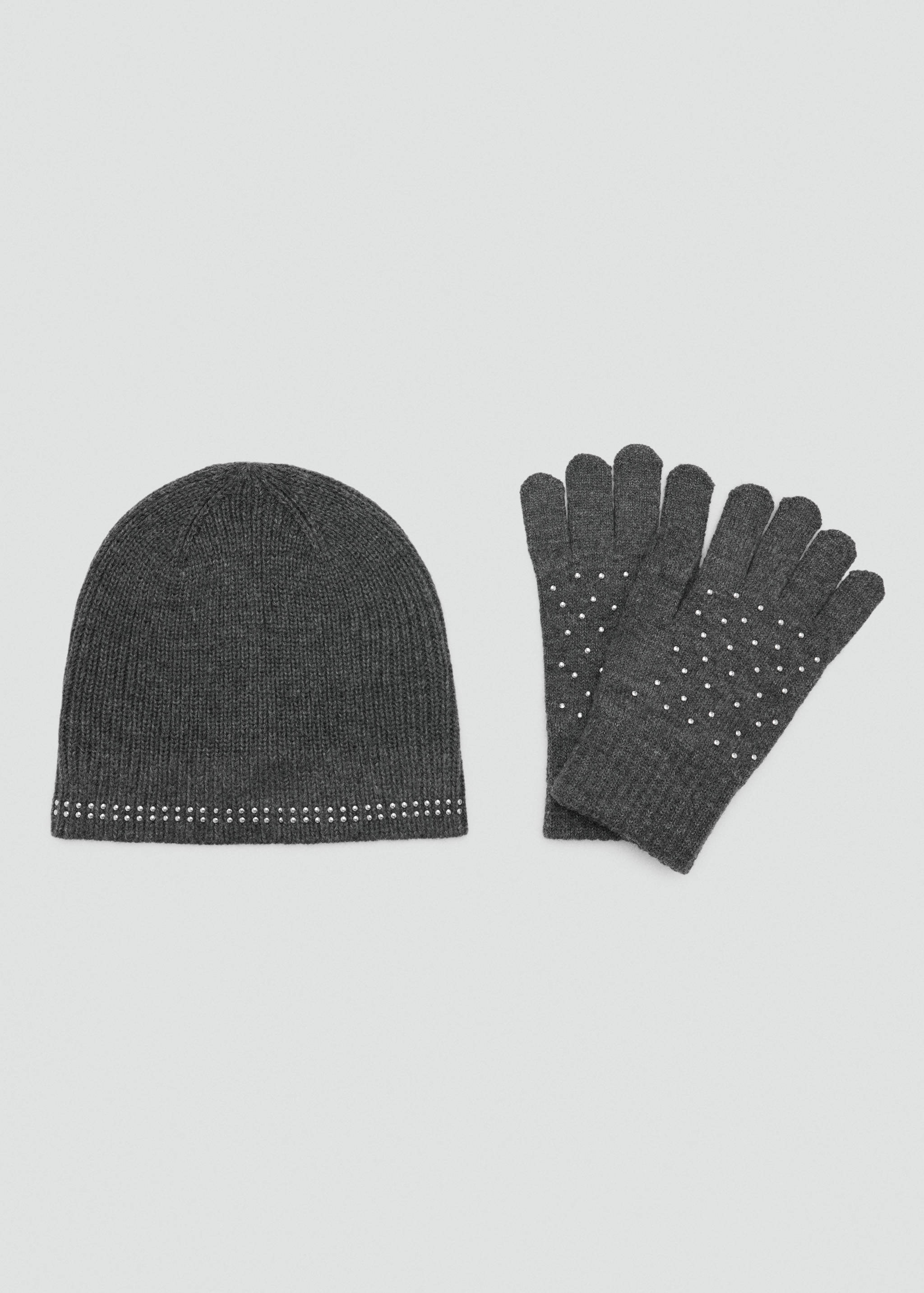Dark grey knit gloves with metallic stud details, shown with a matching beanie.
