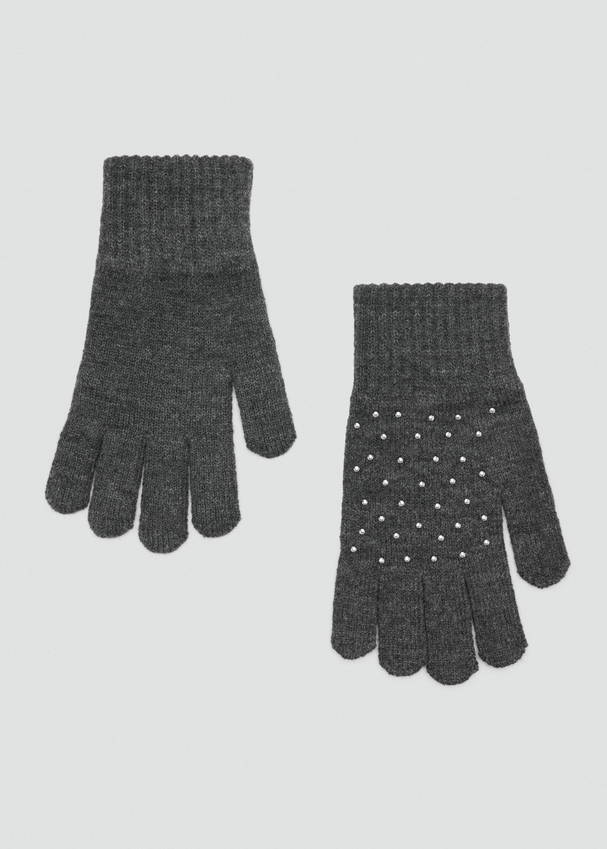 Dark grey knit gloves featuring a ribbed cuff and scattered metallic bead embellishments.