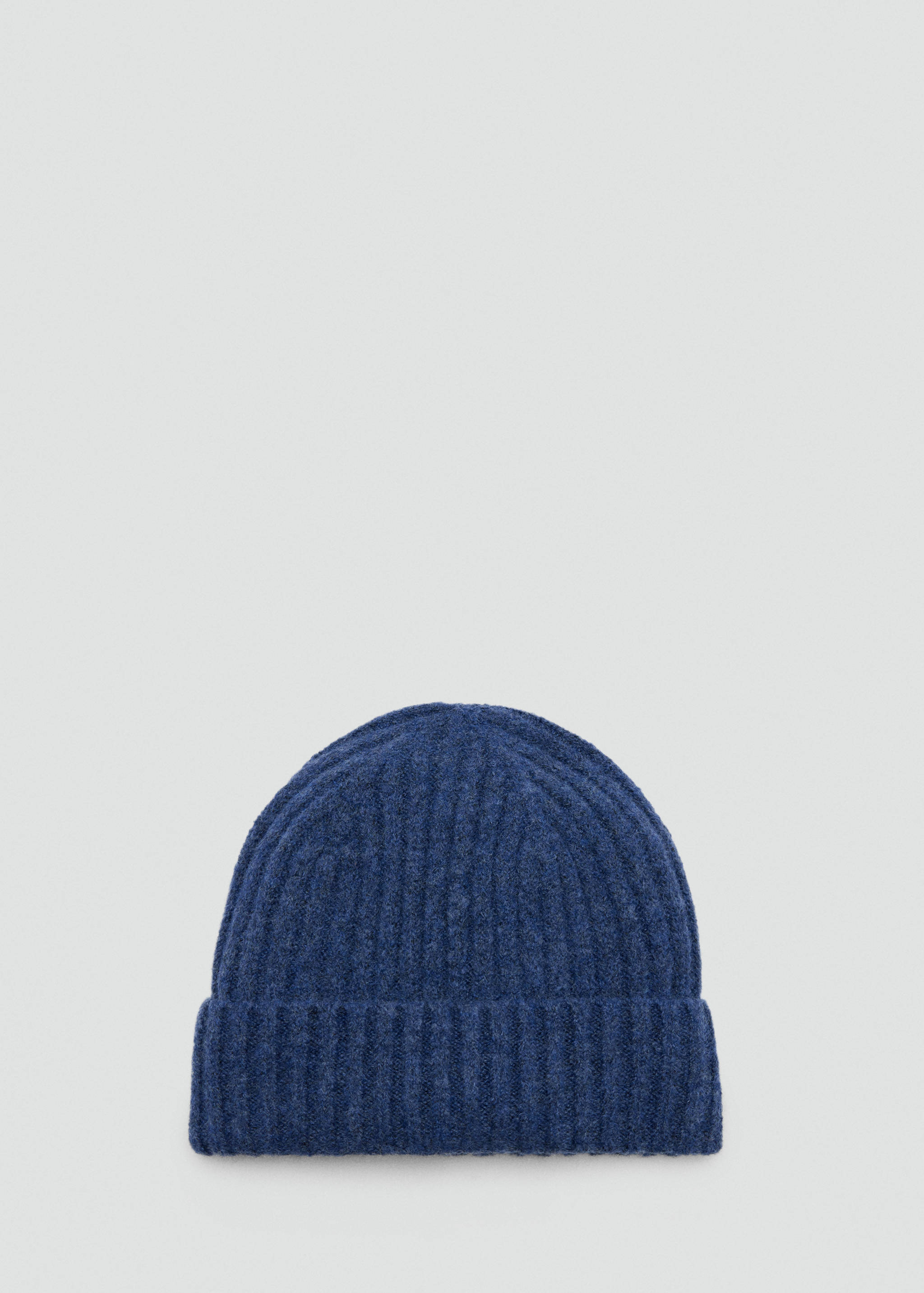 Dark blue ribbed knit beanie hat.