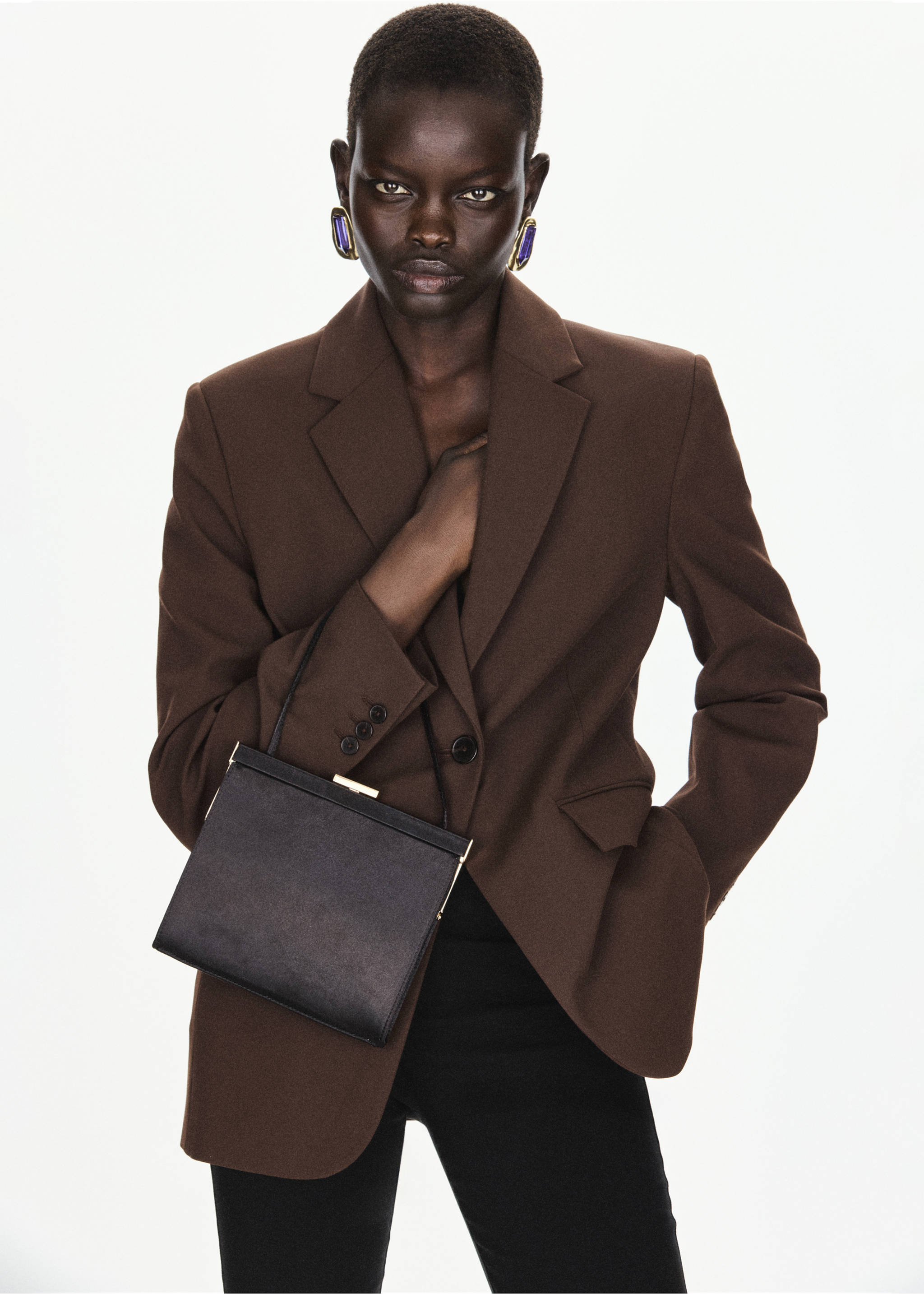 Brown blazer with structured lapels and single-button closure., Brown. Ref: 37047806-00.