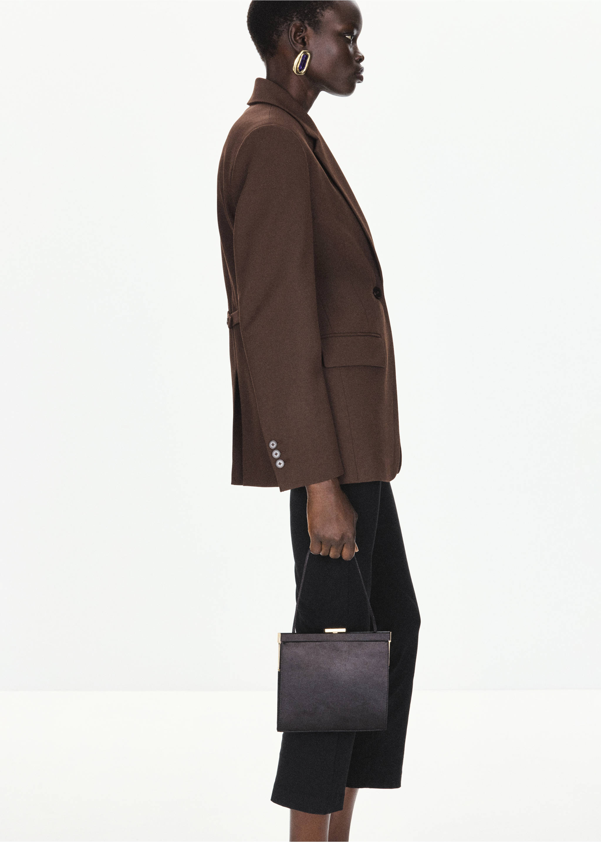 Brown tailored blazer with notched lapels and flap pockets, side view., Brown. Ref: 37047806-00.