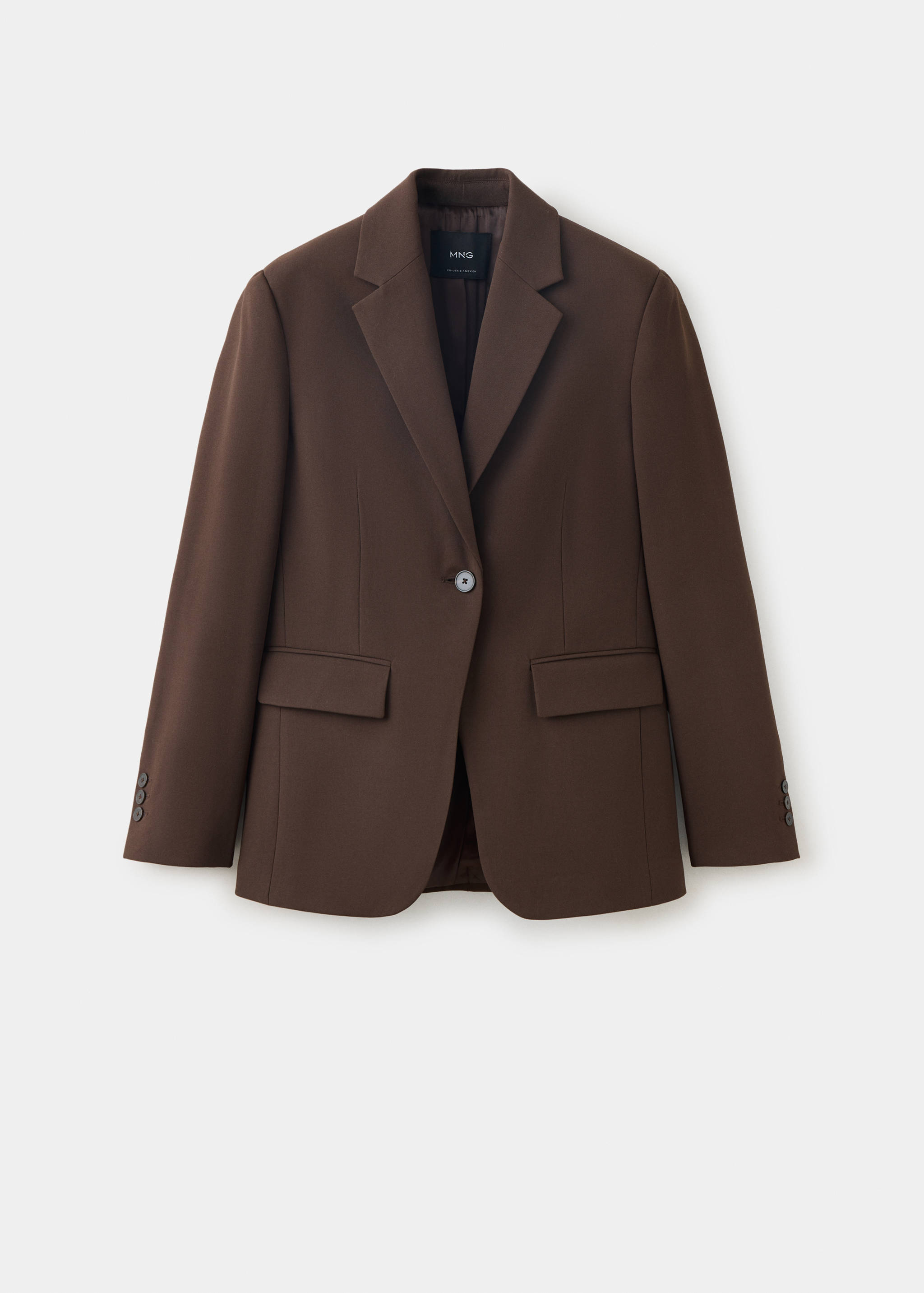 Dark brown single-breasted blazer with lapels and front pockets in still life.