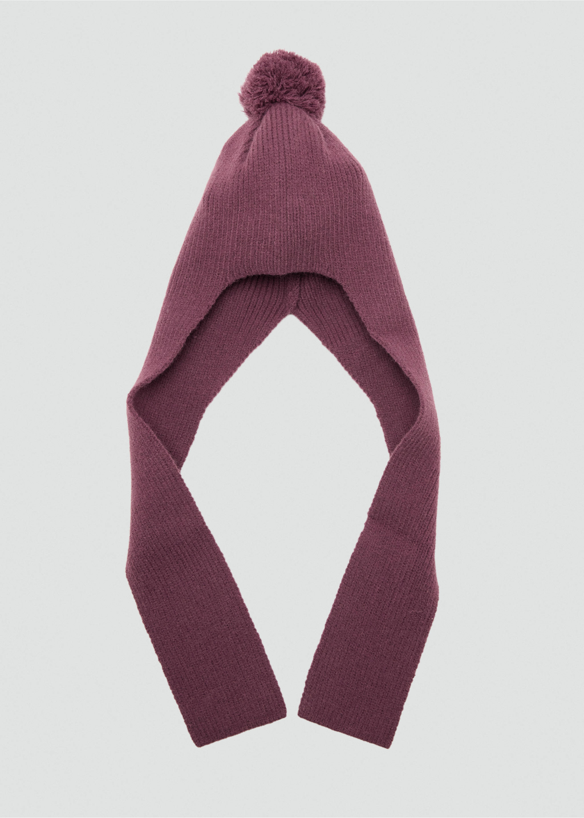 Plum knitted kids' hat with an attached scarf and pom-pom., Wine. Ref: 37047807-00.