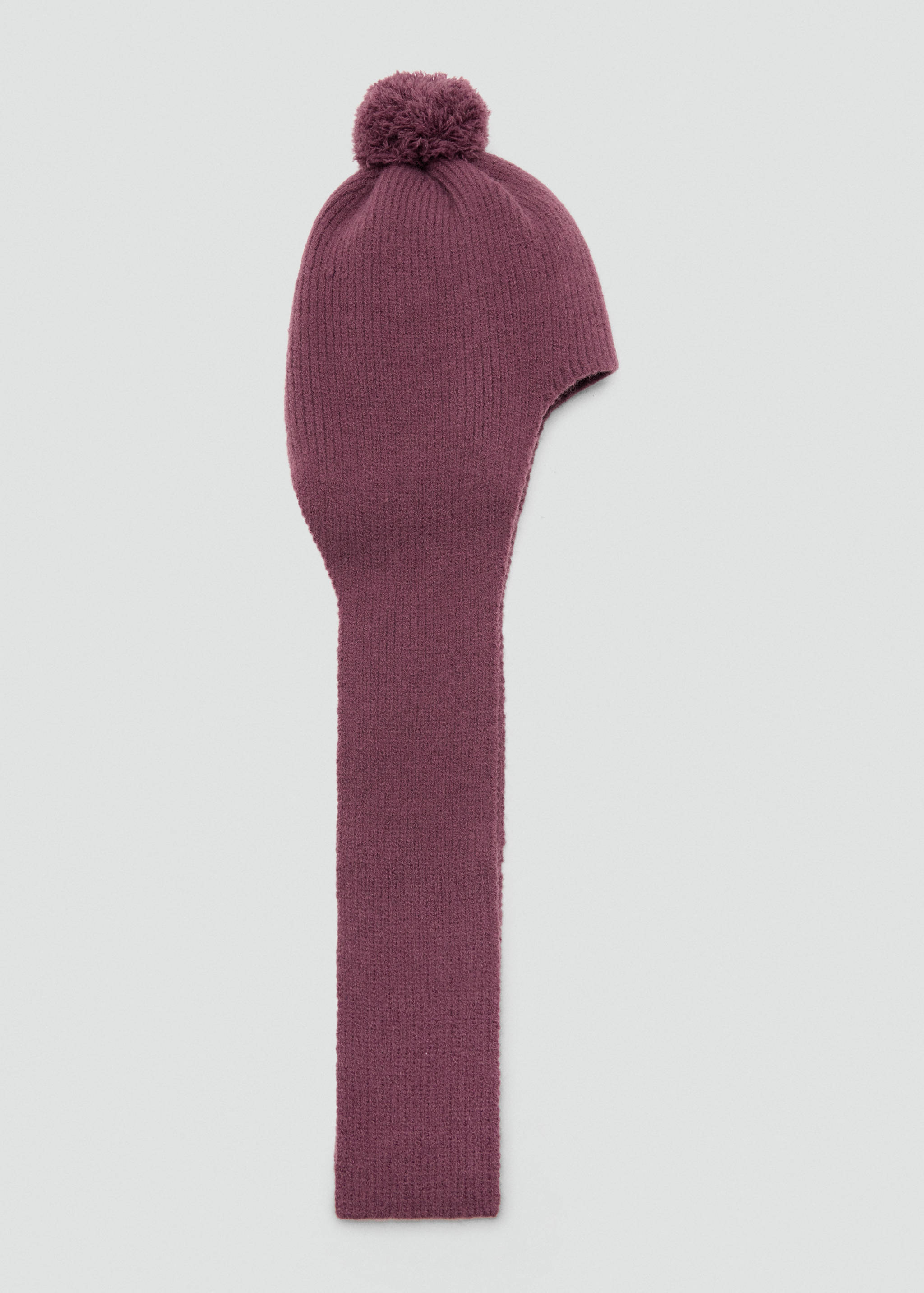 Dark mauve knitted beanie with pom-pom and integrated scarf panels.