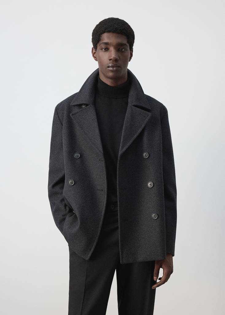 Wool double-breasted coat with buttons — Charcoal