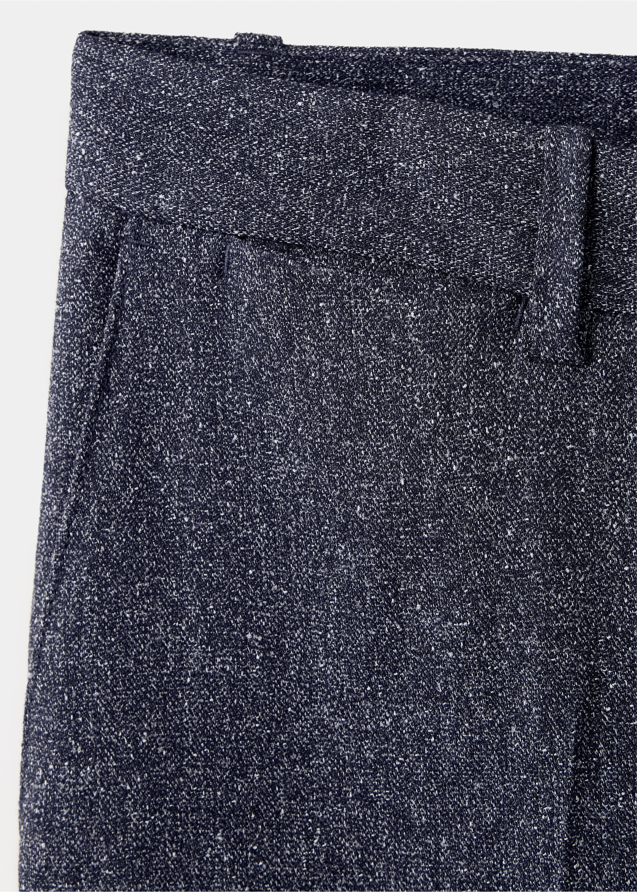 Close-up of dark blue speckled tweed trousers focusing on the waistband., Navy. Ref: 37047885-00.