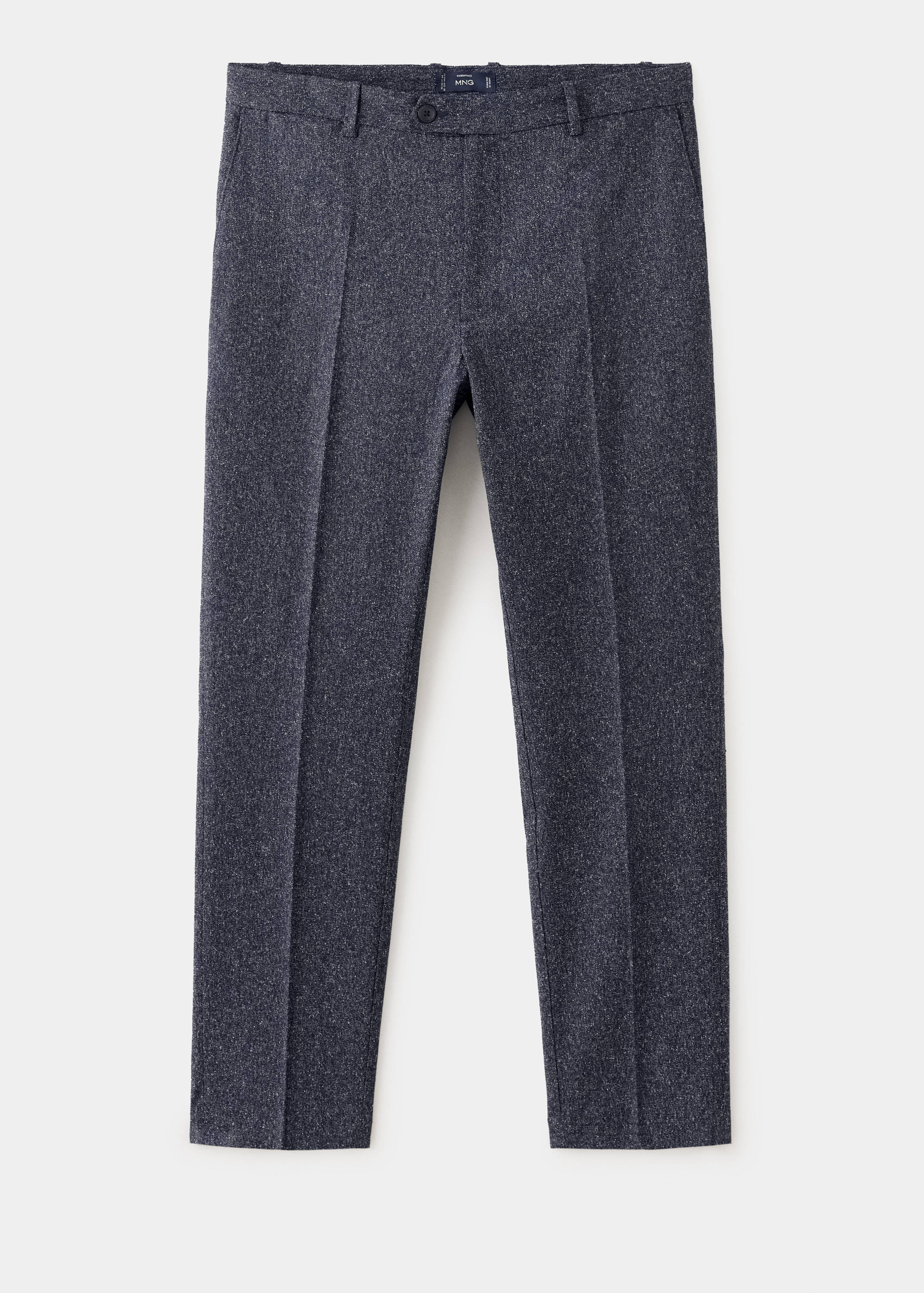 Dark grey melange trousers with pressed creases and belt loops.
