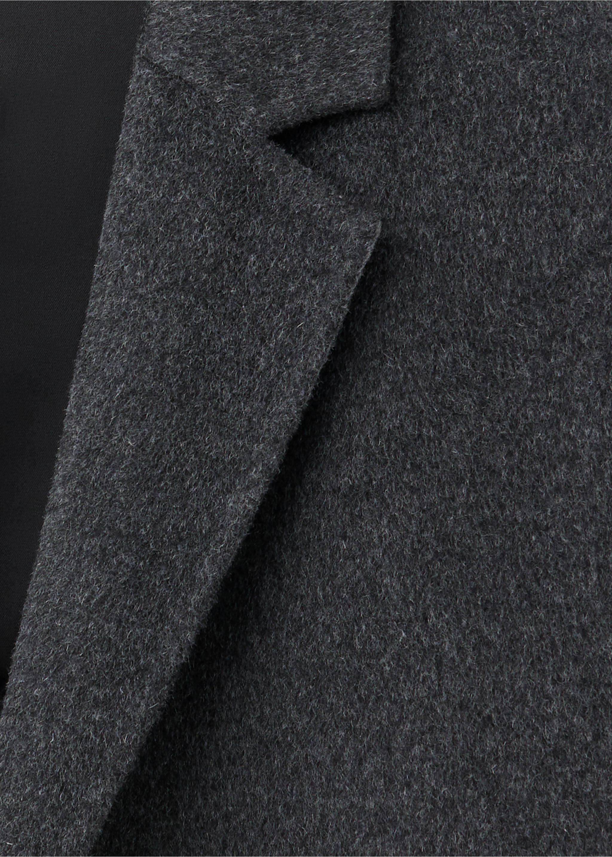 Dark grey coat lapel detail in a textured fabric., Charcoal. Ref: 37047886-00.
