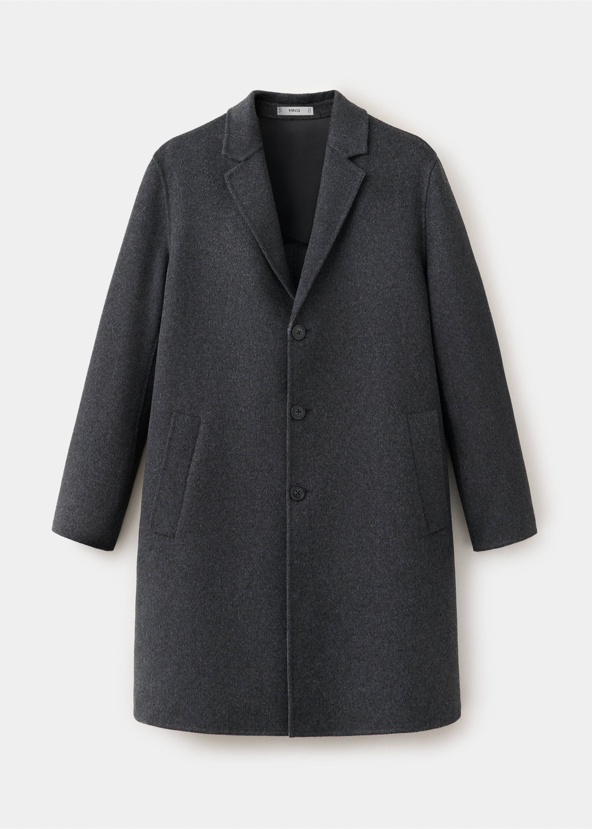 Dark grey single-breasted coat with notched lapels and buttons., Charcoal. Ref: 37047886-00.