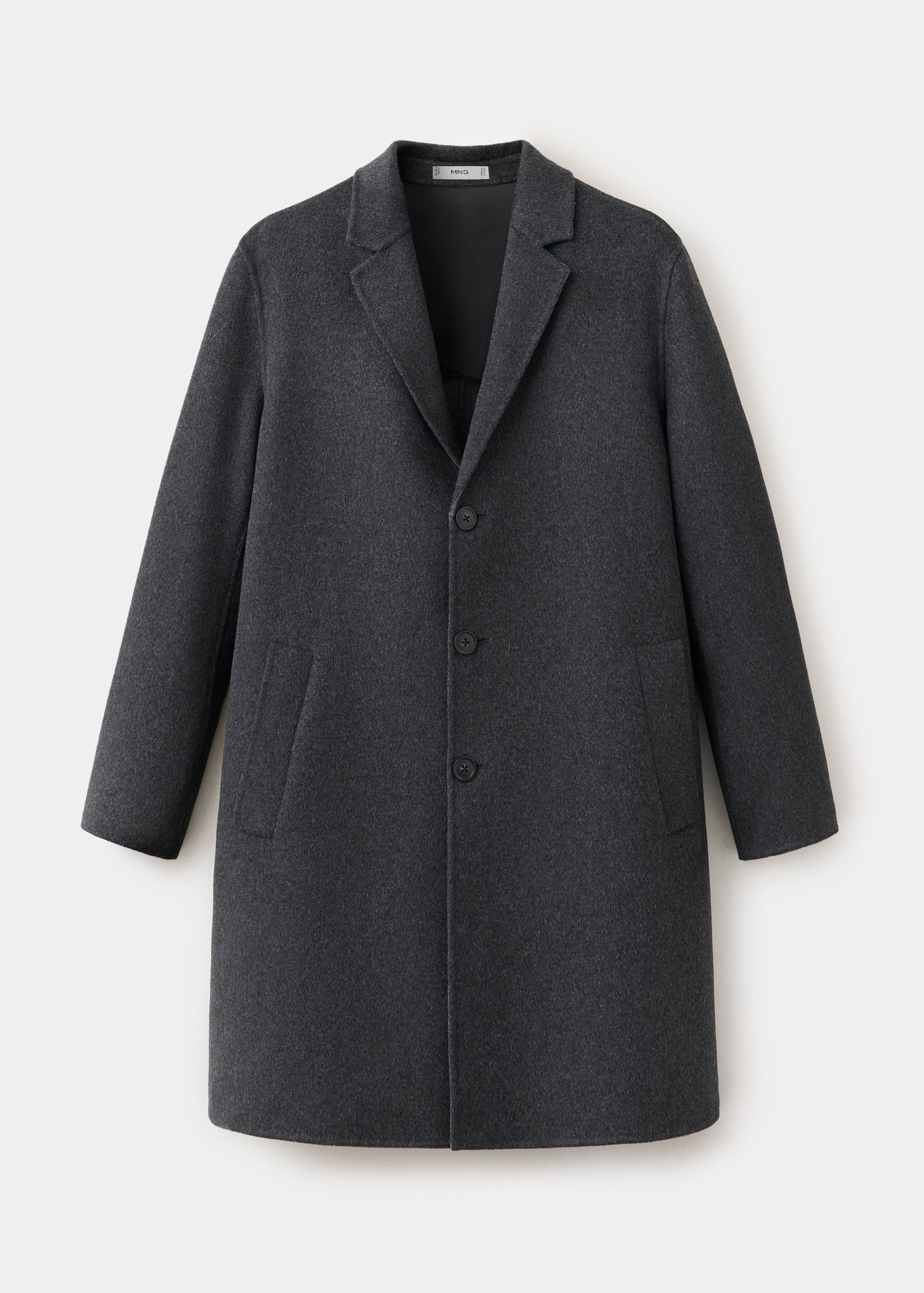 Dark grey single-breasted coat with notched lapels and buttons.