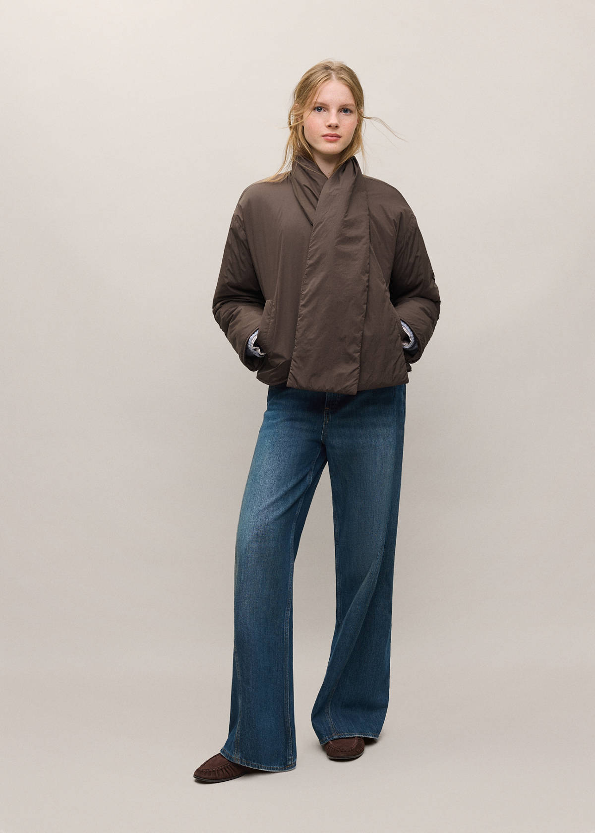 Padded anorak with scarf collar — Brown