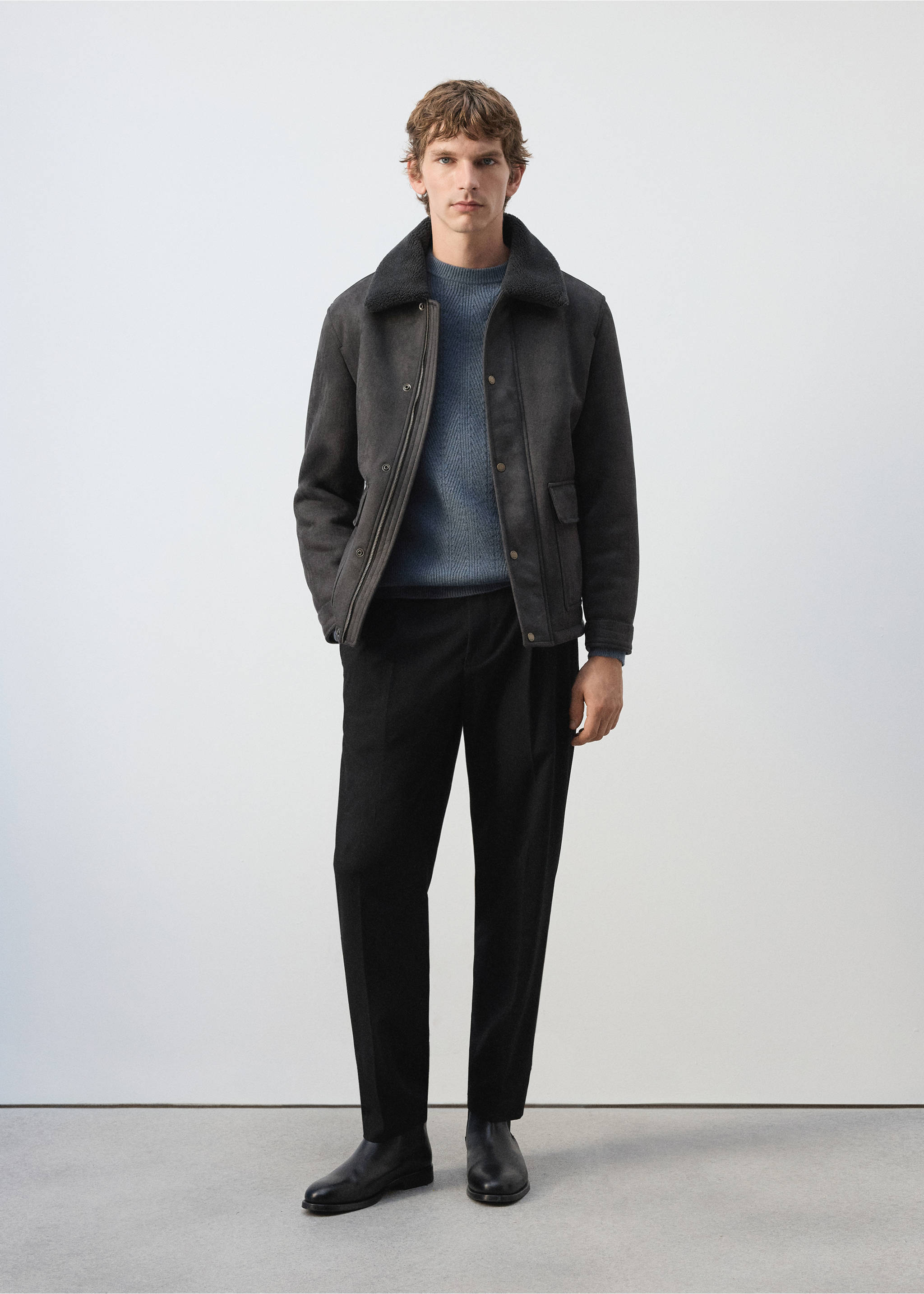 Dark grey faux-shearling jacket with a contrasting collar worn as part of an outfit., Dark Green. Ref: 37047889-00.