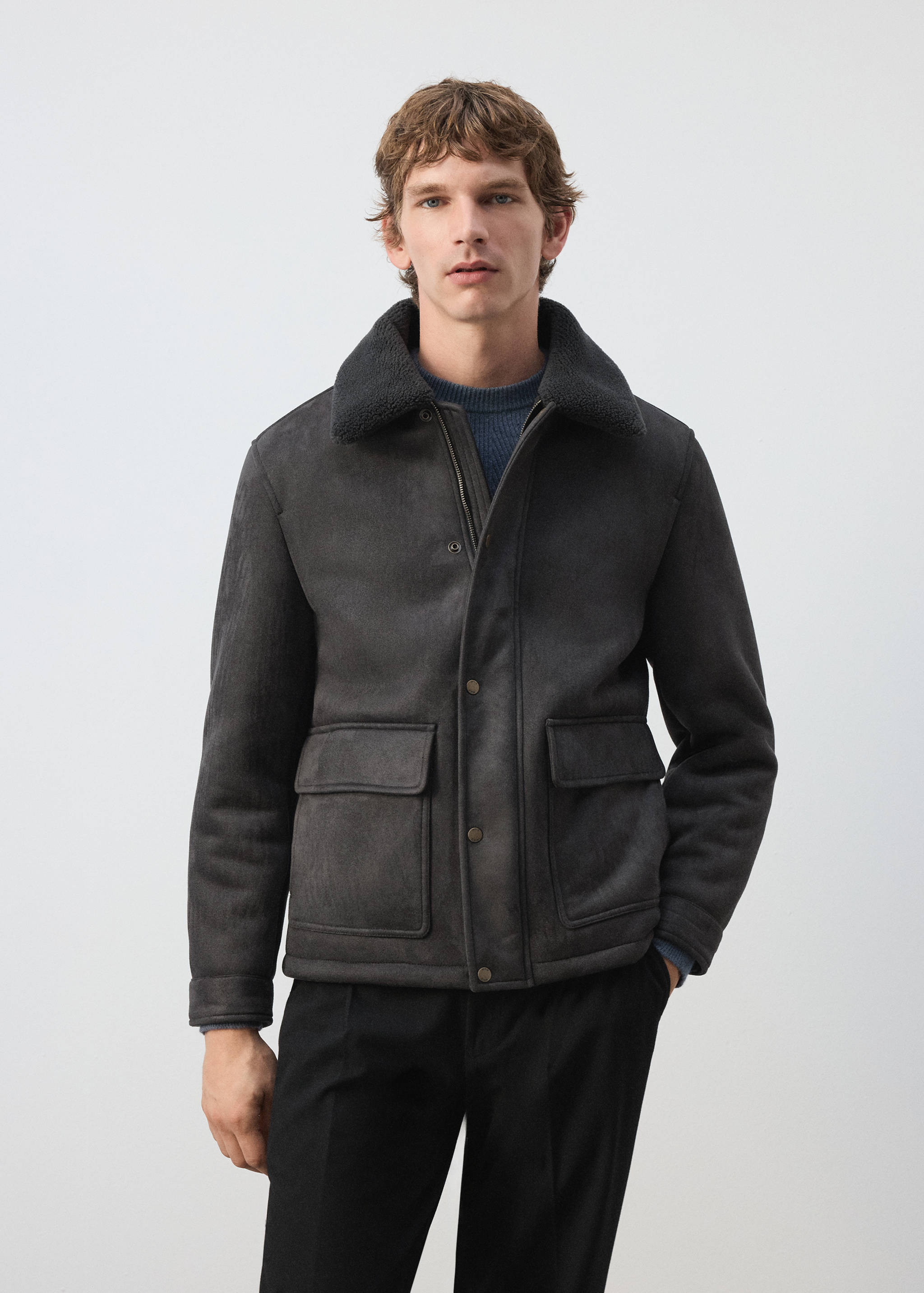 Dark grey faux-shearling jacket with a wide collar and front pockets.