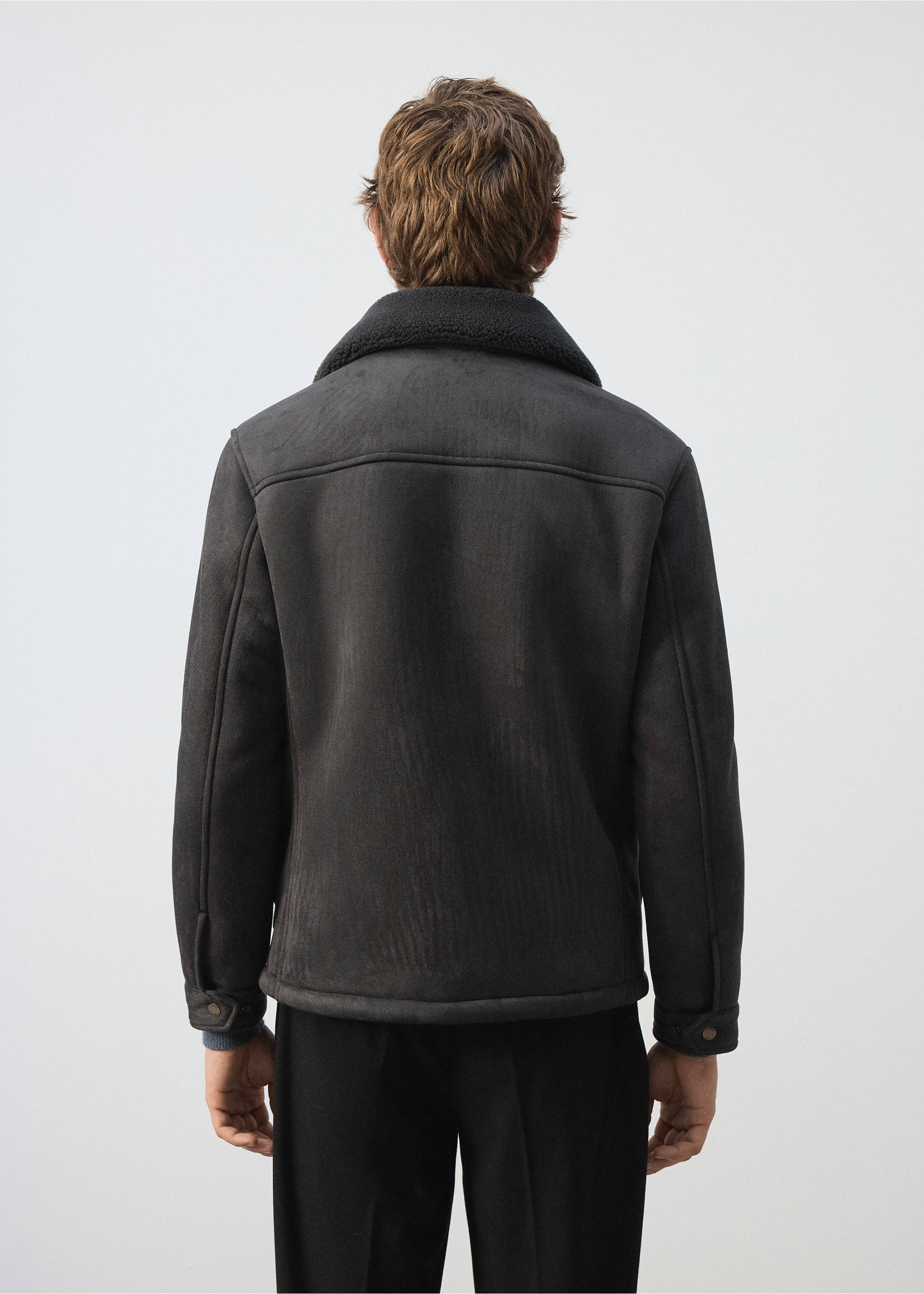Back view of a dark grey jacket with a shearling-effect collar., Dark Green. Ref: 37047889-00.