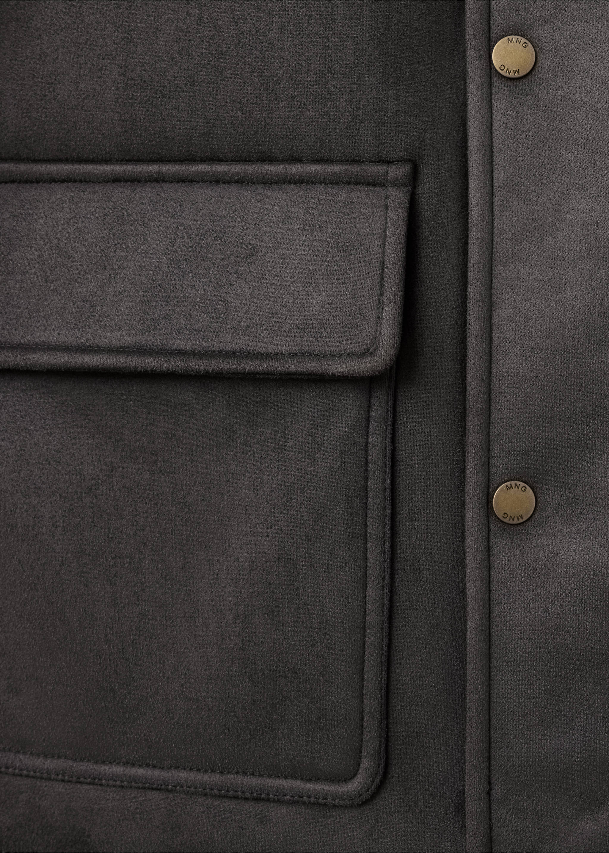 Dark grey jacket detail showing a flap pocket and branded metal snap buttons., Dark Green. Ref: 37047889-00.