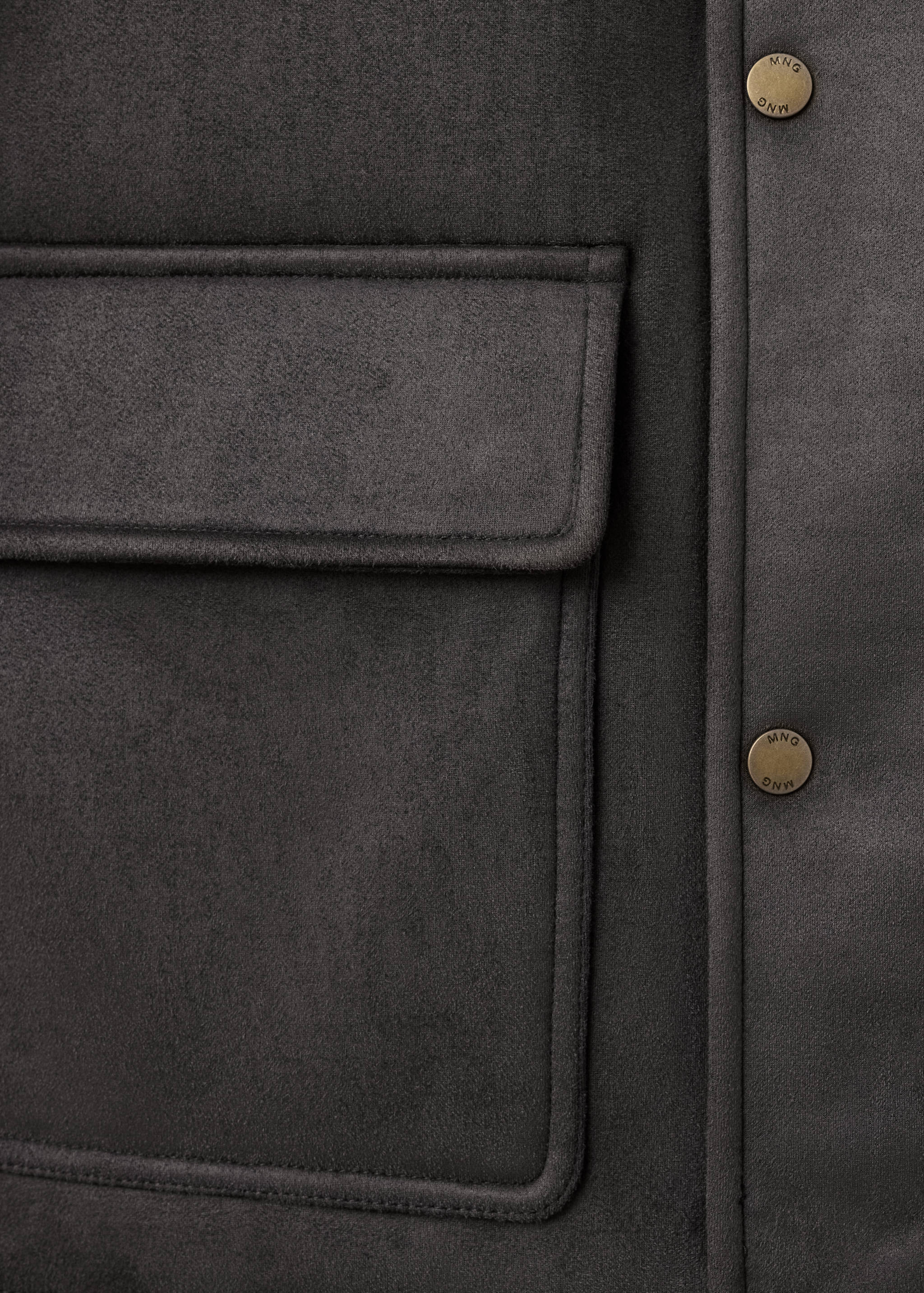 Dark grey jacket detail showing a flap pocket and branded metal snap buttons.