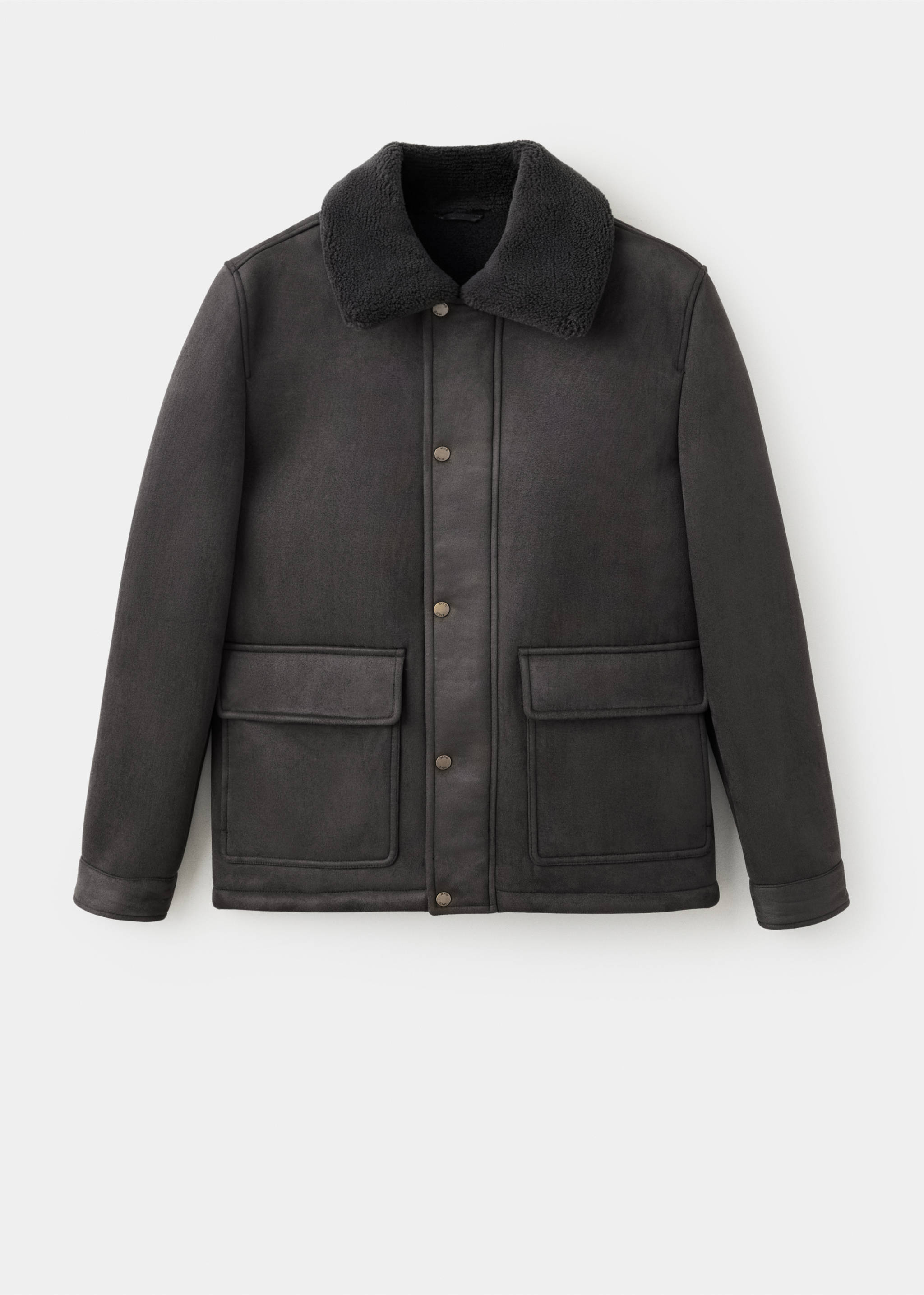 Dark grey shearling jacket with a wide collar, snap-button closure, and front patch pockets., Dark Green. Ref: 37047889-00.