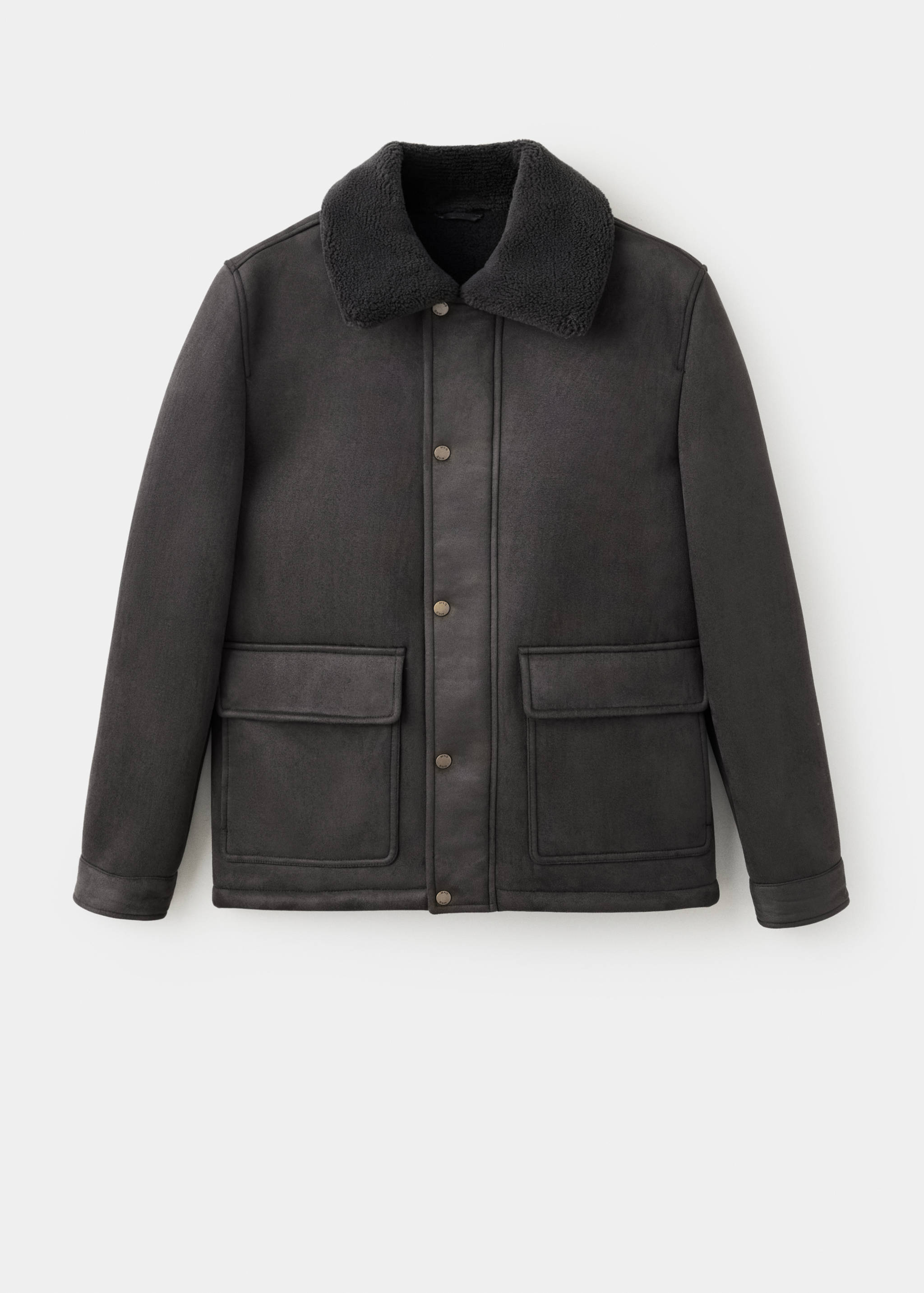Dark grey shearling jacket with a wide collar, snap-button closure, and front patch pockets.