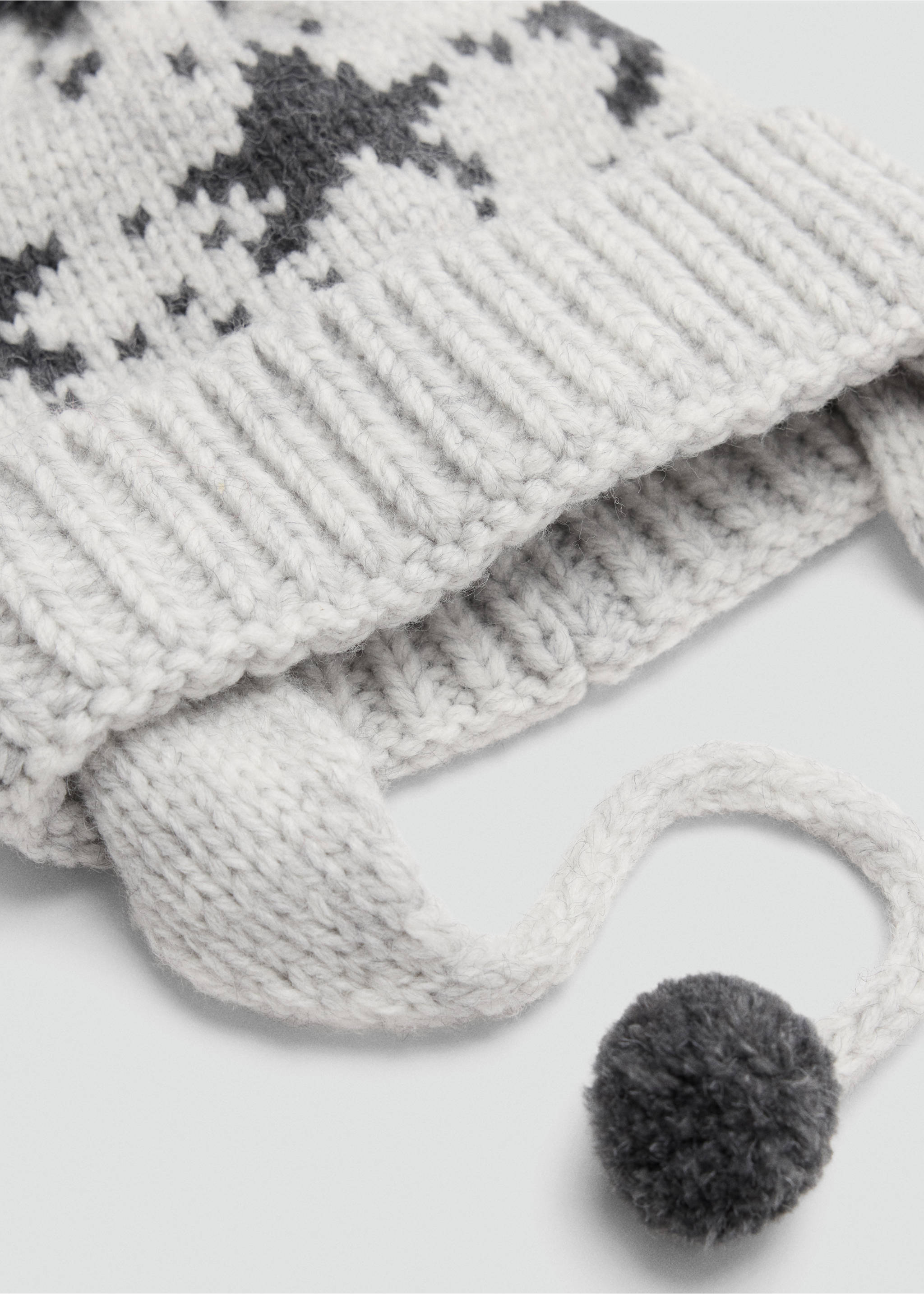 Grey and white knitted beanie with earflaps and pom-pom ties., Grey. Ref: 37047892-00.