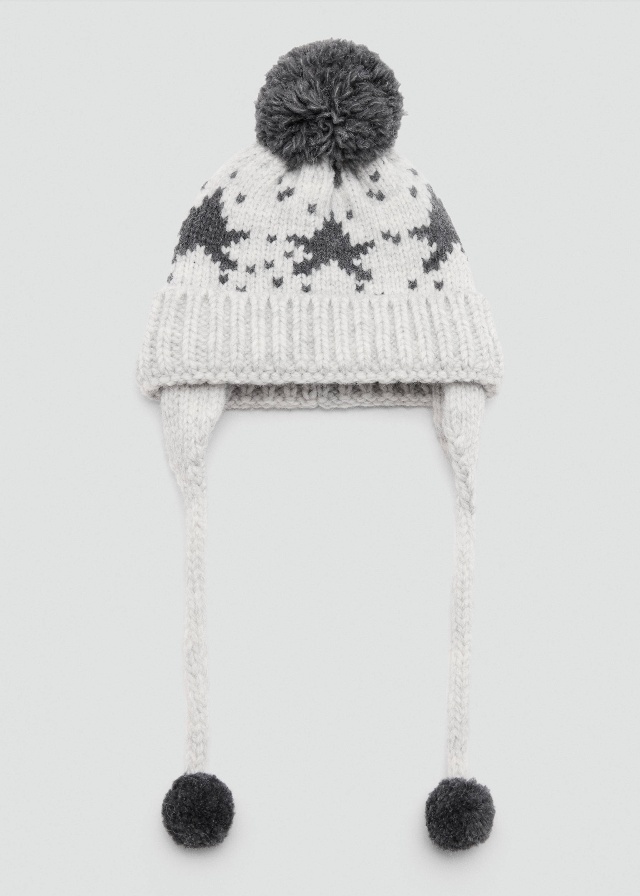 Light grey and dark grey star-pattern knit beanie with earflaps and pom-poms., Grey. Ref: 37047892-00.