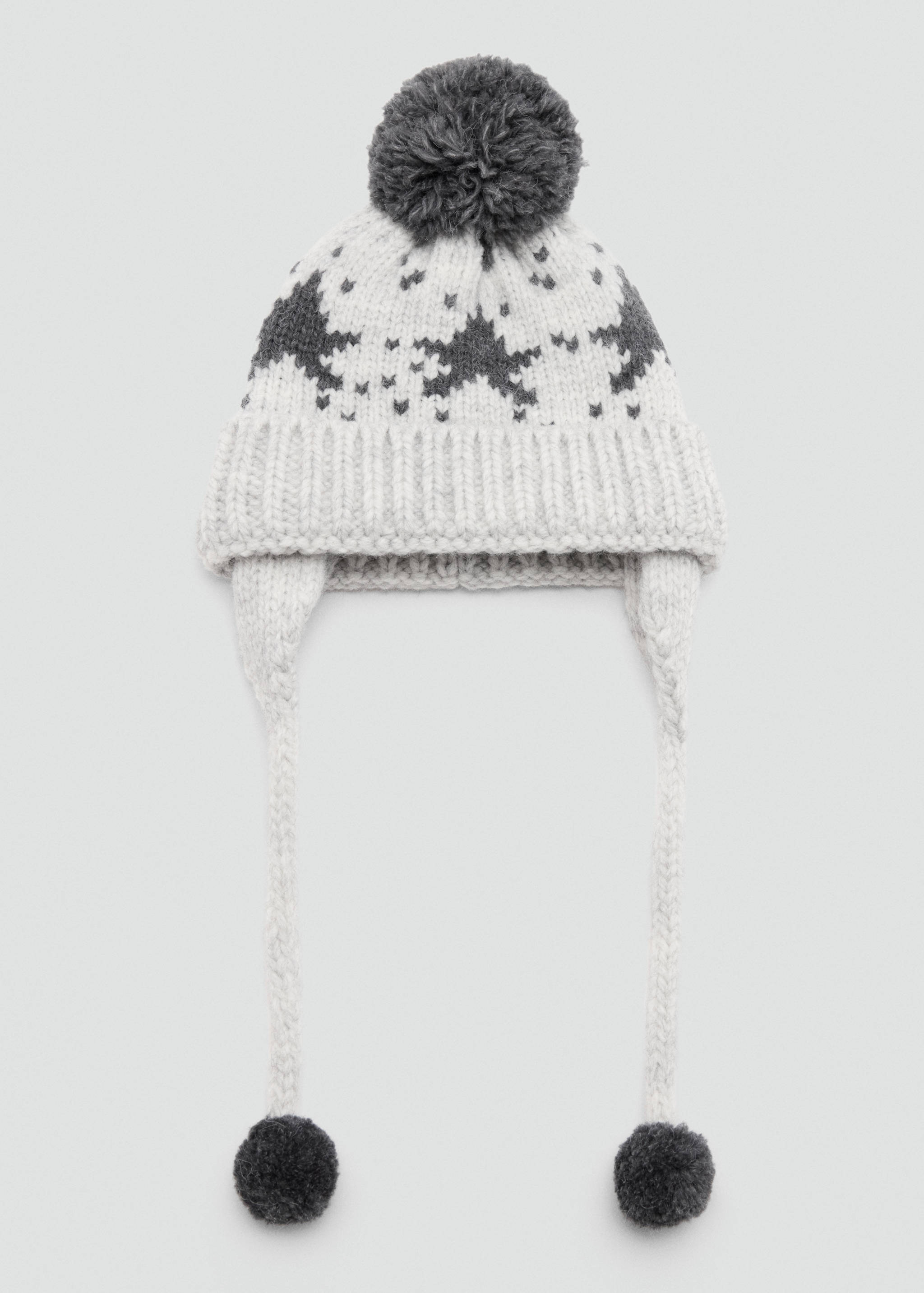 Light grey and dark grey star-pattern knit beanie with earflaps and pom-poms.
