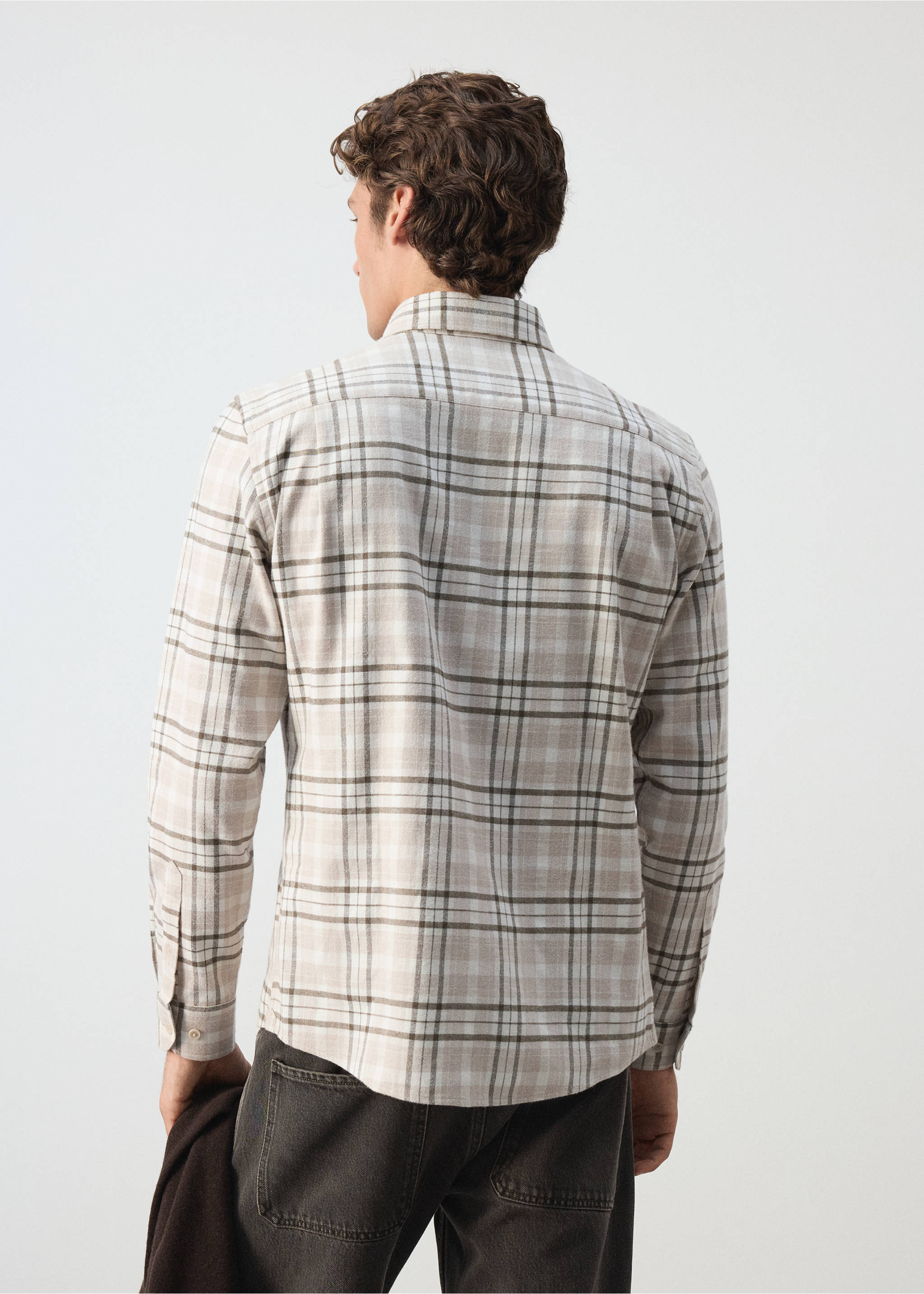 Back view of a beige plaid overshirt with long sleeves., Light/Pastel Grey. Ref: 37047893-00.