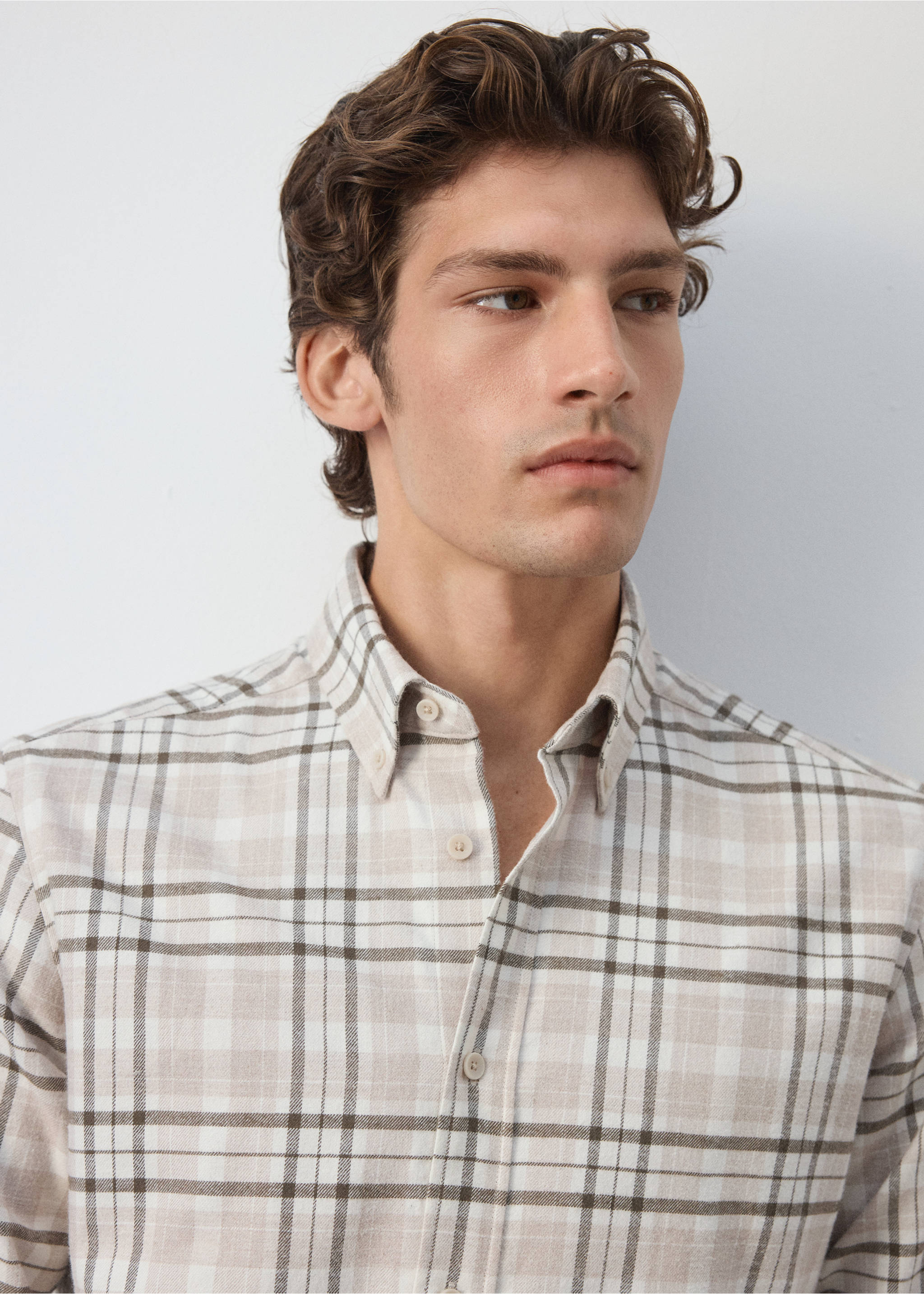 Close-up of a beige and brown check overshirt with a button-down collar., Light/Pastel Grey. Ref: 37047893-00.