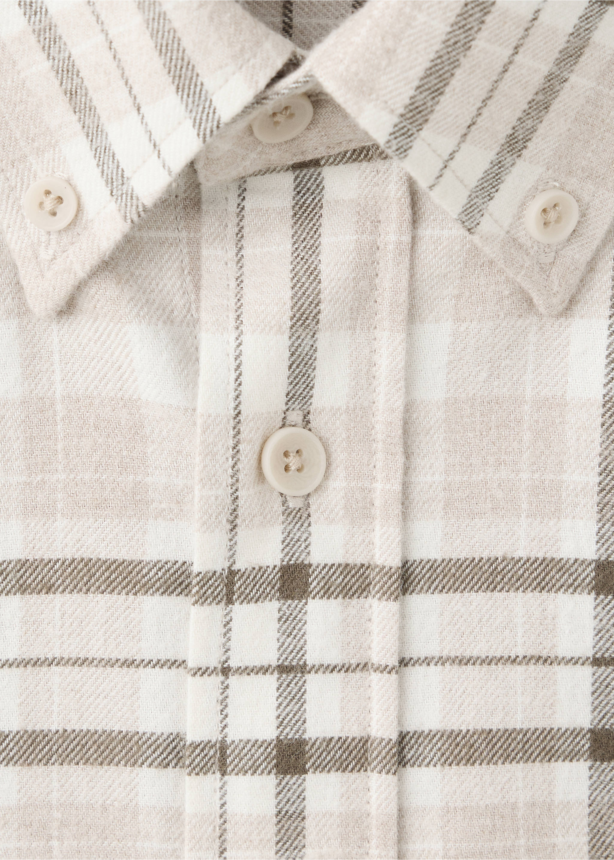 Close-up of a beige and white plaid overshirt featuring a button-down collar., Light/Pastel Grey. Ref: 37047893-00.