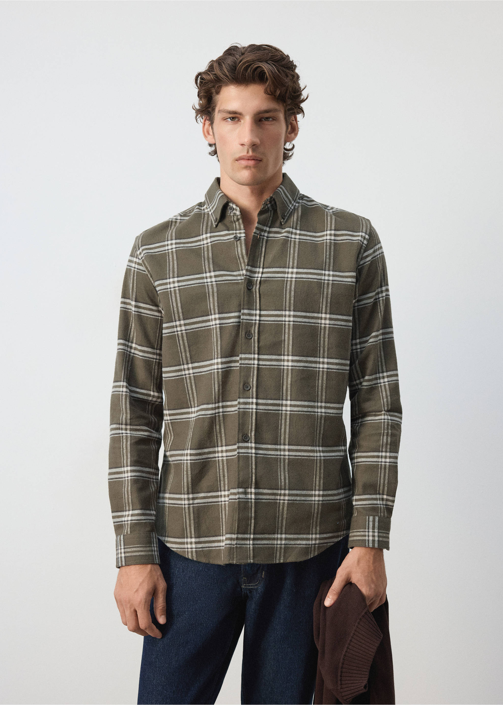 Khaki green plaid overshirt with a button-down collar and dark front buttons., Khaki. Ref: 37047893-00.