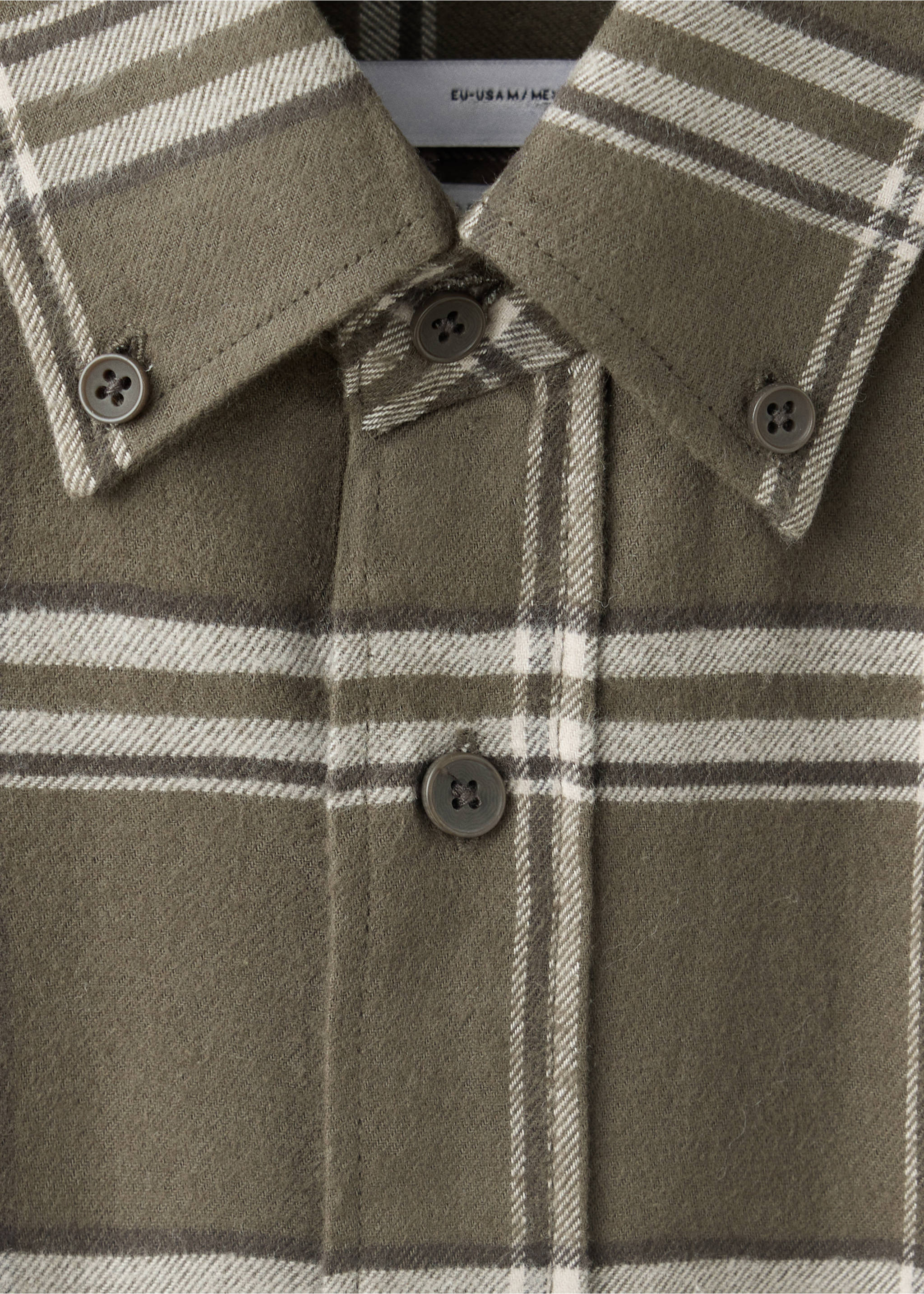 Close-up of an olive green plaid overshirt with a button-down collar., Khaki. Ref: 37047893-00.