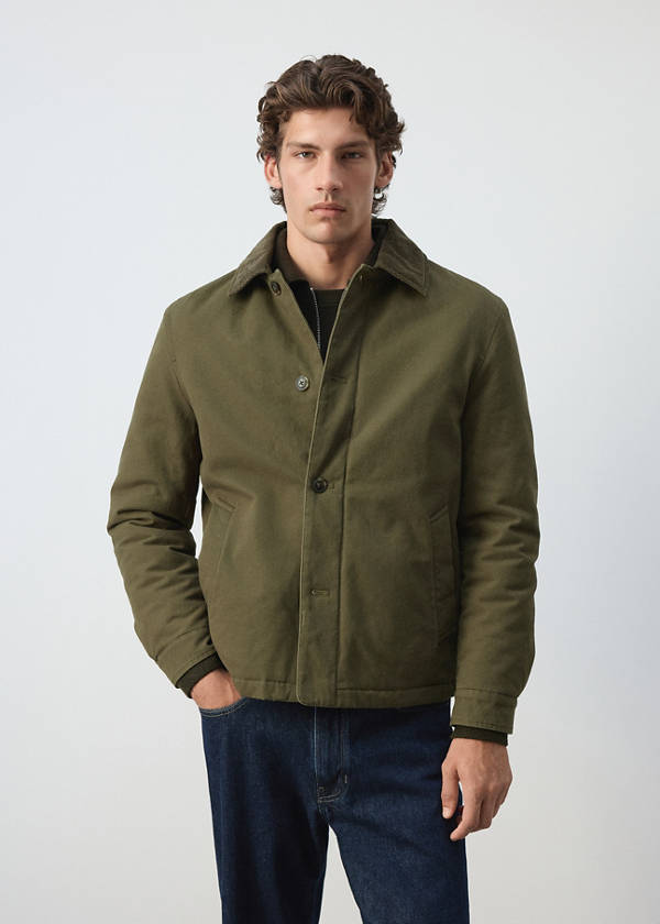 Quilted jacket with corduroy collar — Khaki