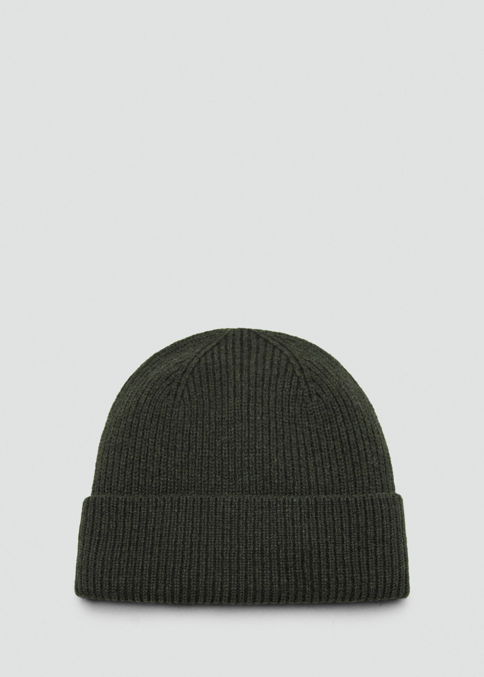 Dark green ribbed knitted beanie hat with a folded brim.