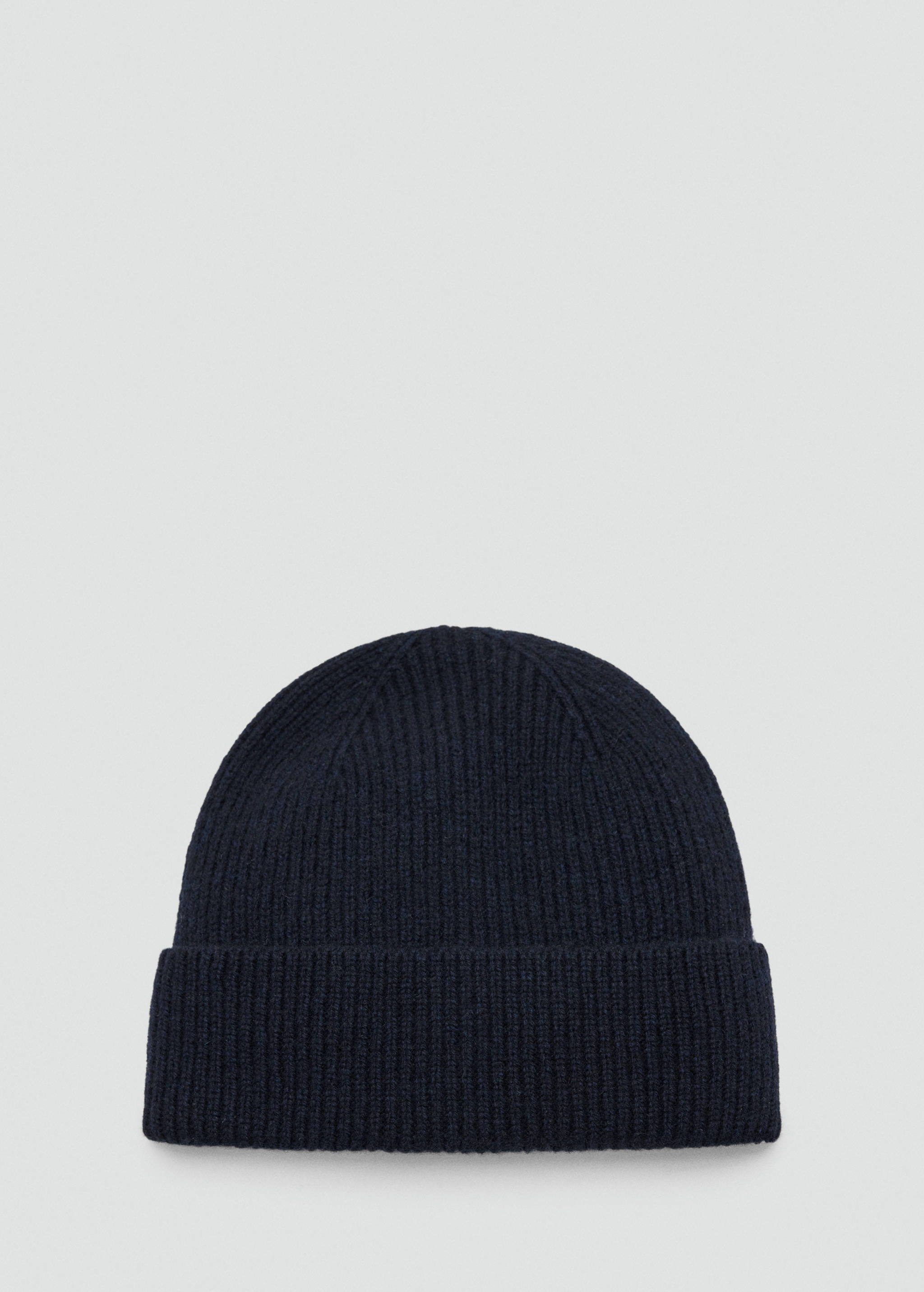 Dark navy blue ribbed knit beanie with a folded brim.